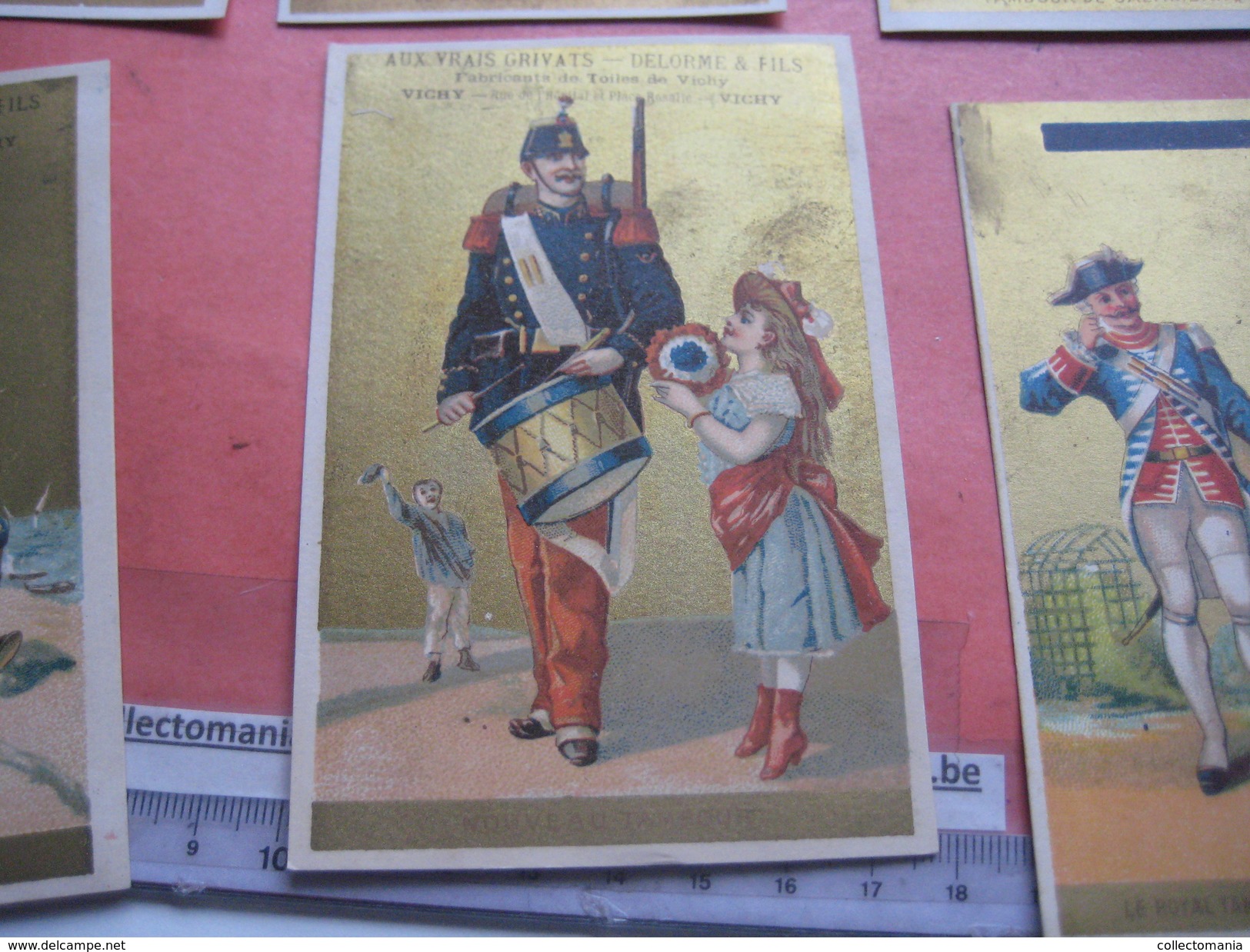 10 litho trade cards set  CR 2-2-1 impr Courbe Rouzet PUB Delorme VICHY  c1880  musique tambours militaires humor