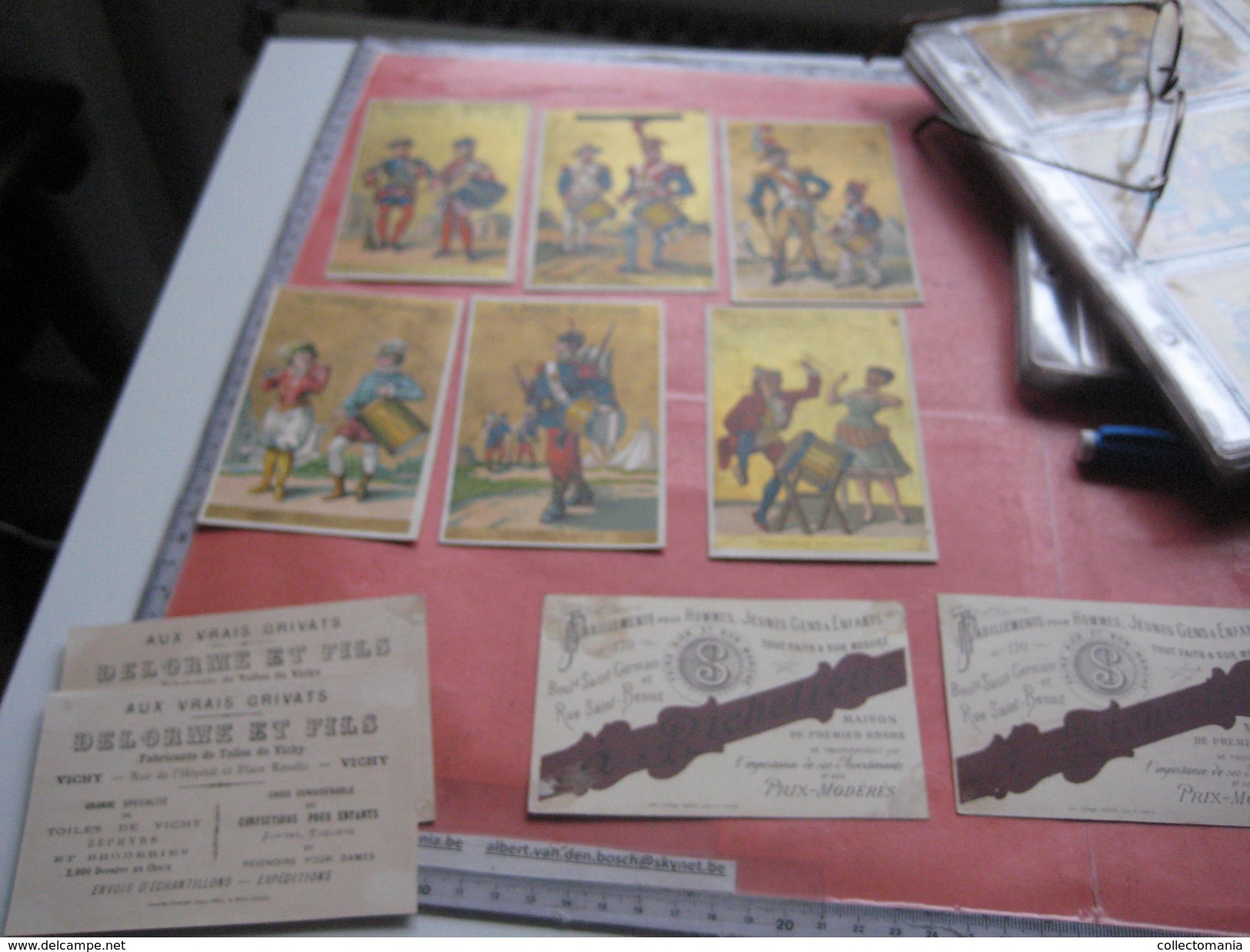 10 litho trade cards set  CR 2-2-1 impr Courbe Rouzet PUB Delorme VICHY  c1880  musique tambours militaires humor