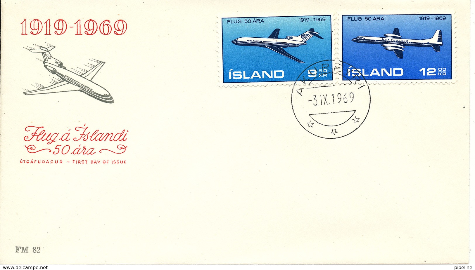 Iceland FDC 3-9-1969 Complete Set 40th Anniversary Aero On Iceland With Cachet - FDC