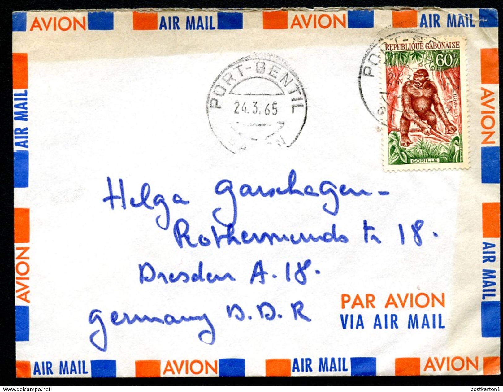 GORILLA On Cover GABON Used Port-Gentil To East Germany 1965 - Affen