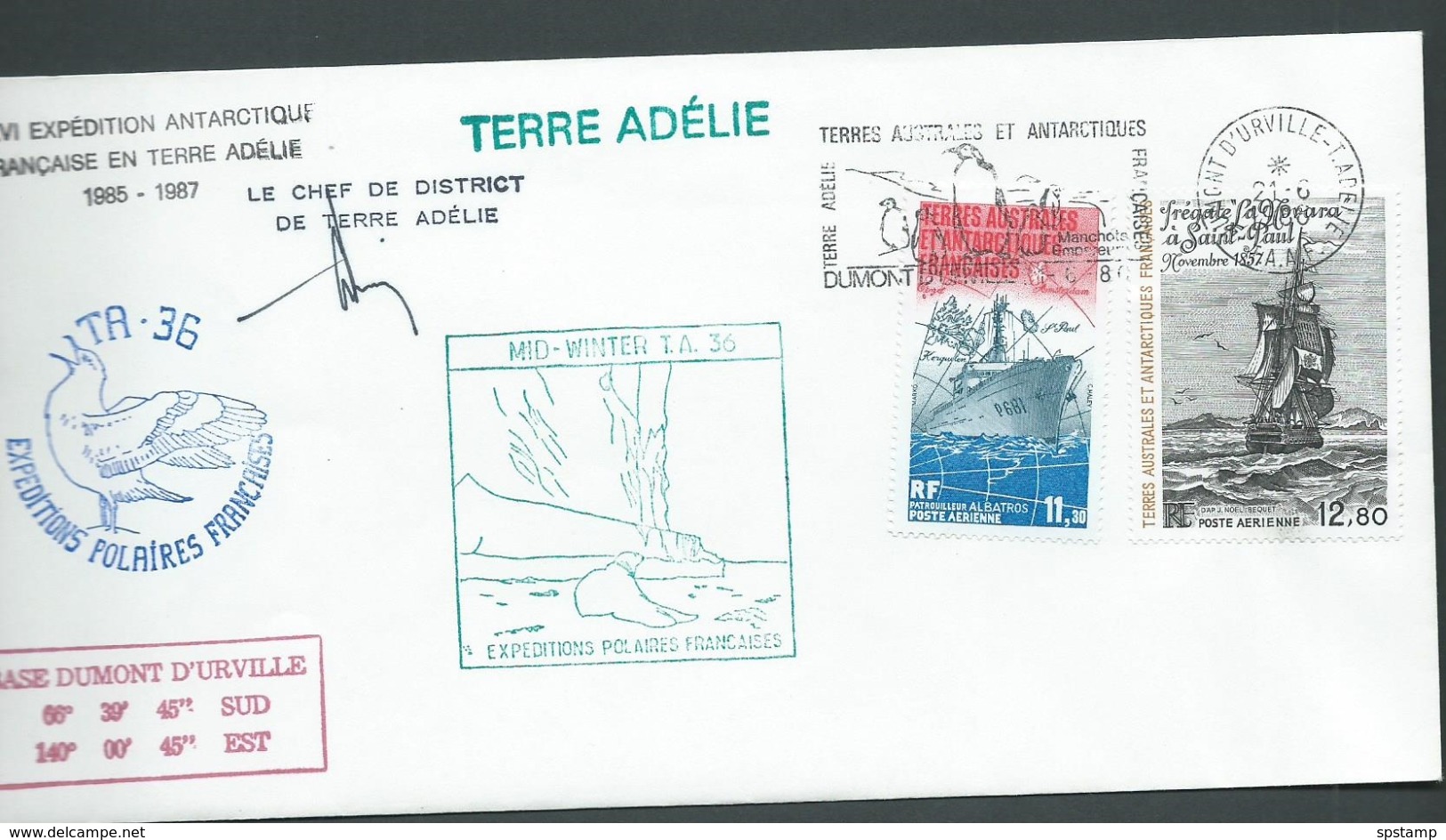 French Antarctic Territory 1986 Mid Winter Anniversary Multi Cacheted And Signed Cover With 11.3Fr  & 12.8Fr Ship Airs - FDC