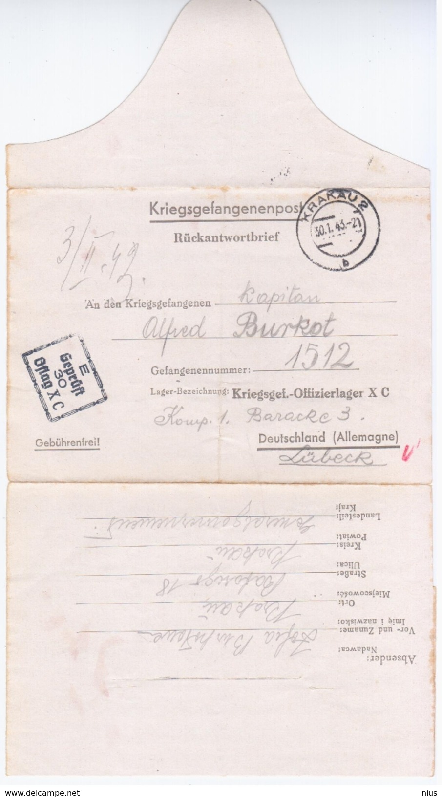 Germany Poland 1943 Kriegsgefangenenpost, Canceled In Krakau Krakow, War Prisoners Prisoner Prison, Lubeck - Campo De Prisioneros