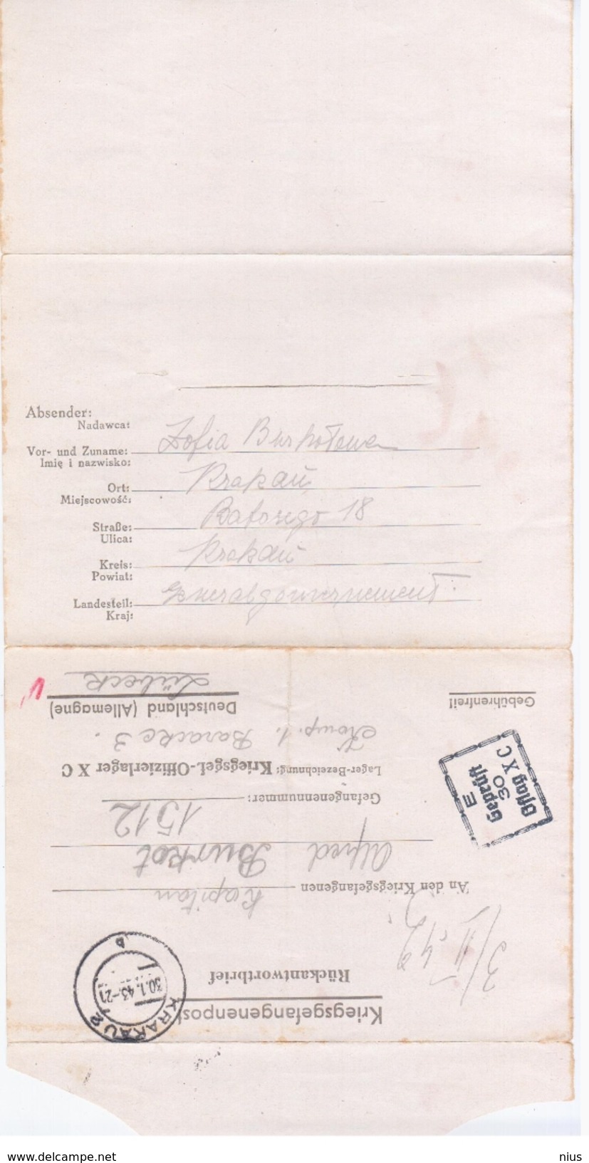 Germany Poland 1943 Kriegsgefangenenpost, Canceled In Krakau Krakow, War Prisoners Prisoner Prison, Lubeck - Prisoner Camps