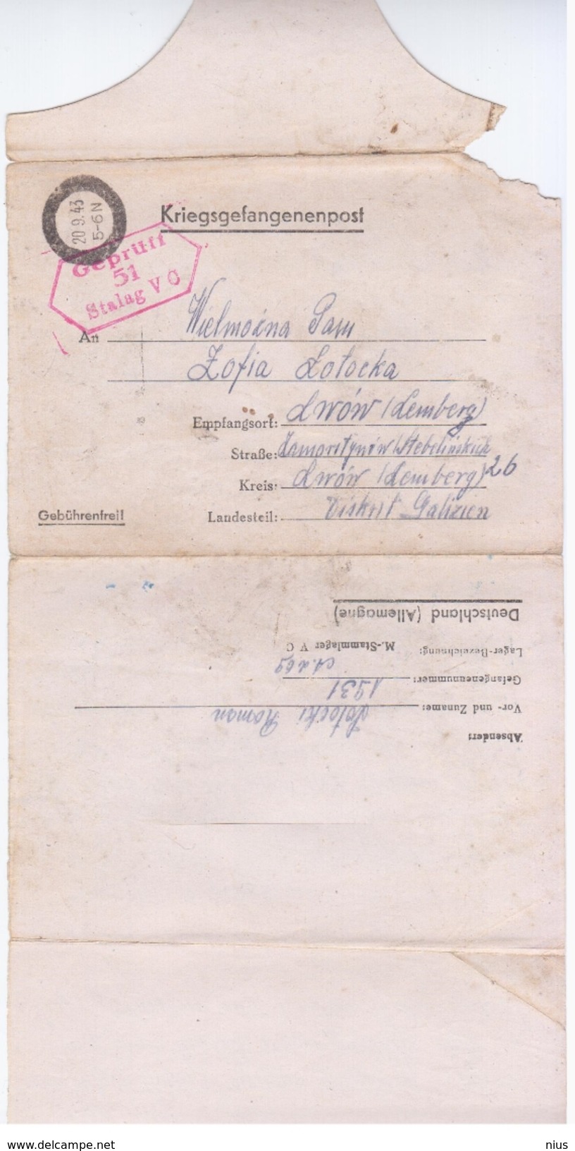 Russia USSR Ukraine Germany Deutschland Poland 1943 Kriegsgefangenenpost, Lviv Lvov, War Prisoners Prisoner Prison - 1941-43 Ocupación Alemana