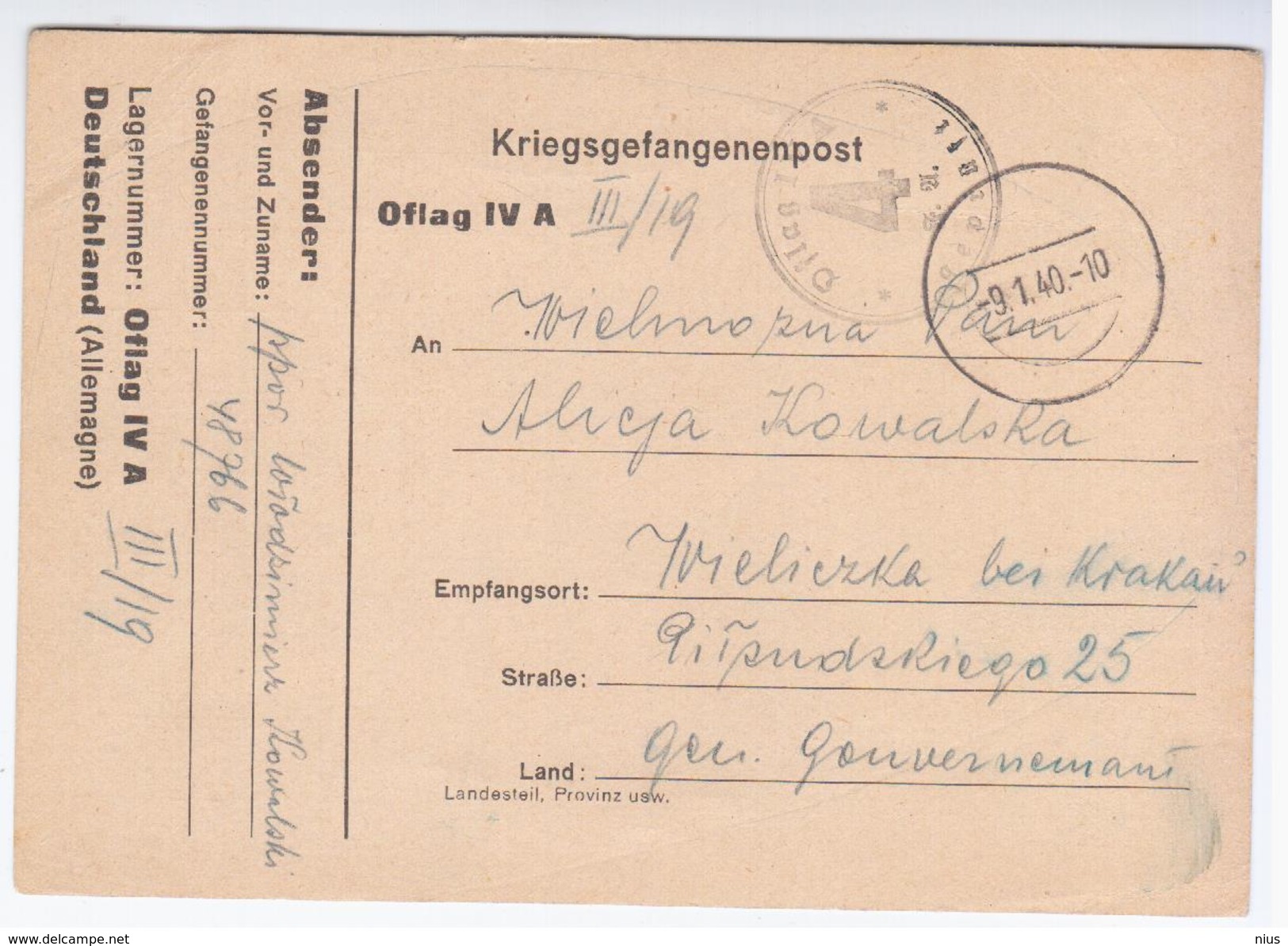 Germany Deutschland Poland 1940 Kriegsgefangenenpost, Wieliczka Krakau Krakow WWII, War Prisoners Prisoner Prison - Gefängnislager