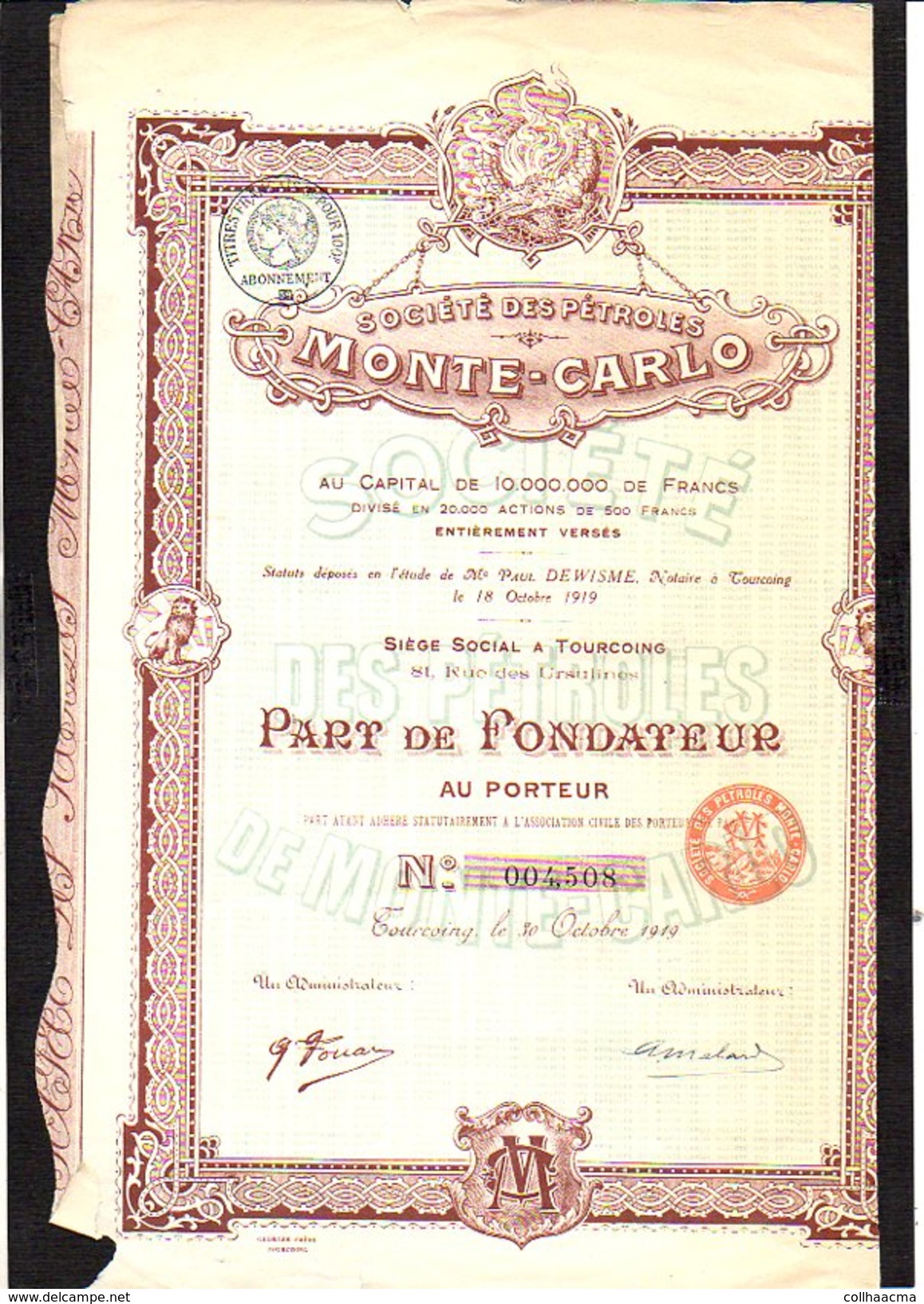 Action : Société Des Pétroles De Monté-Carlo: Part De Fondateur Au Porteur  1919. 29 Coupons.Notaire à Tourcoing - Oil