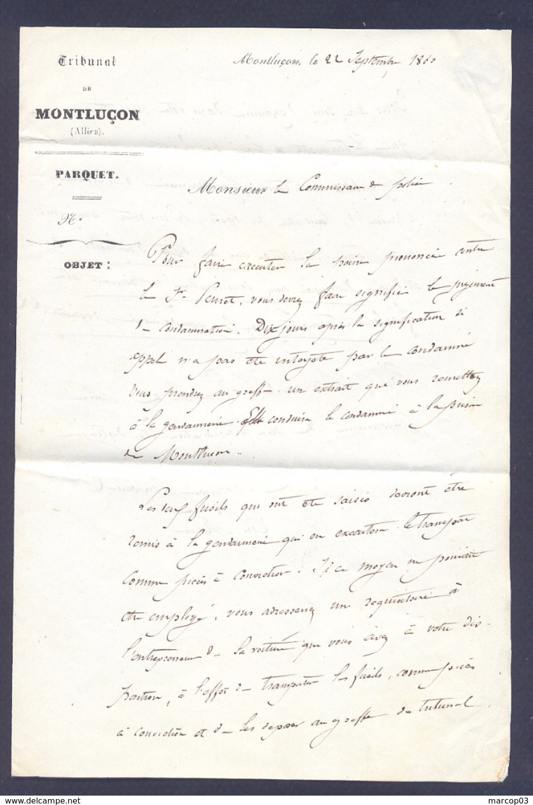 ALLIER 03 MONTLUCON LAC TAD 15 Du 23/09/1860 Franchise Du Procureur TTB - 1849-1876: Période Classique