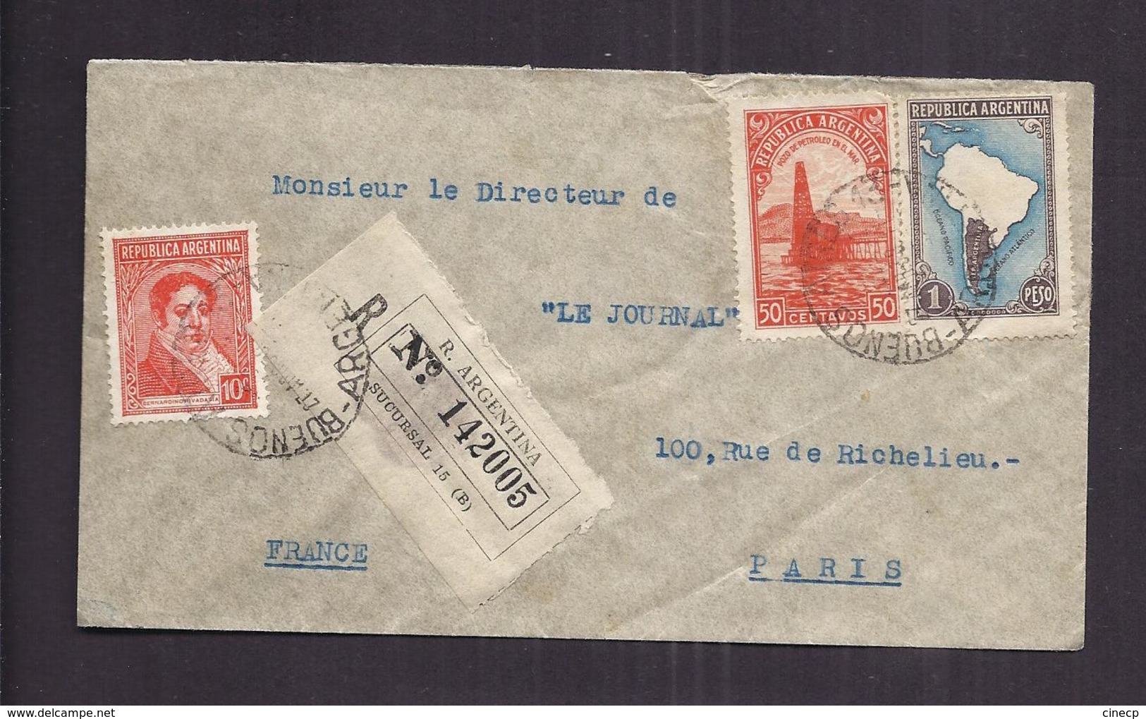 ENVELOPPE ARGENTINE 1938 REPUBLICA ARGENTINA Recommandé BUENOS AIRES VERS PARIS - Covers & Documents