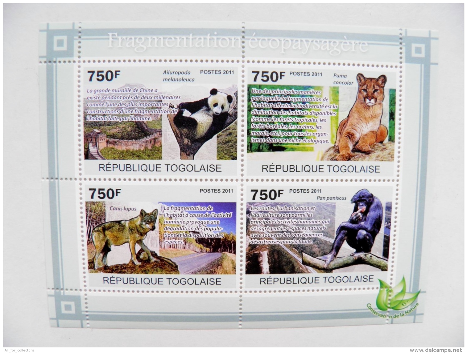 SALE! Togolaise 2011 Animals Habitat Fragmentation, Panda, Wolf, Monkey, Felin Puma Panthera Cat - Togo (1960-...)