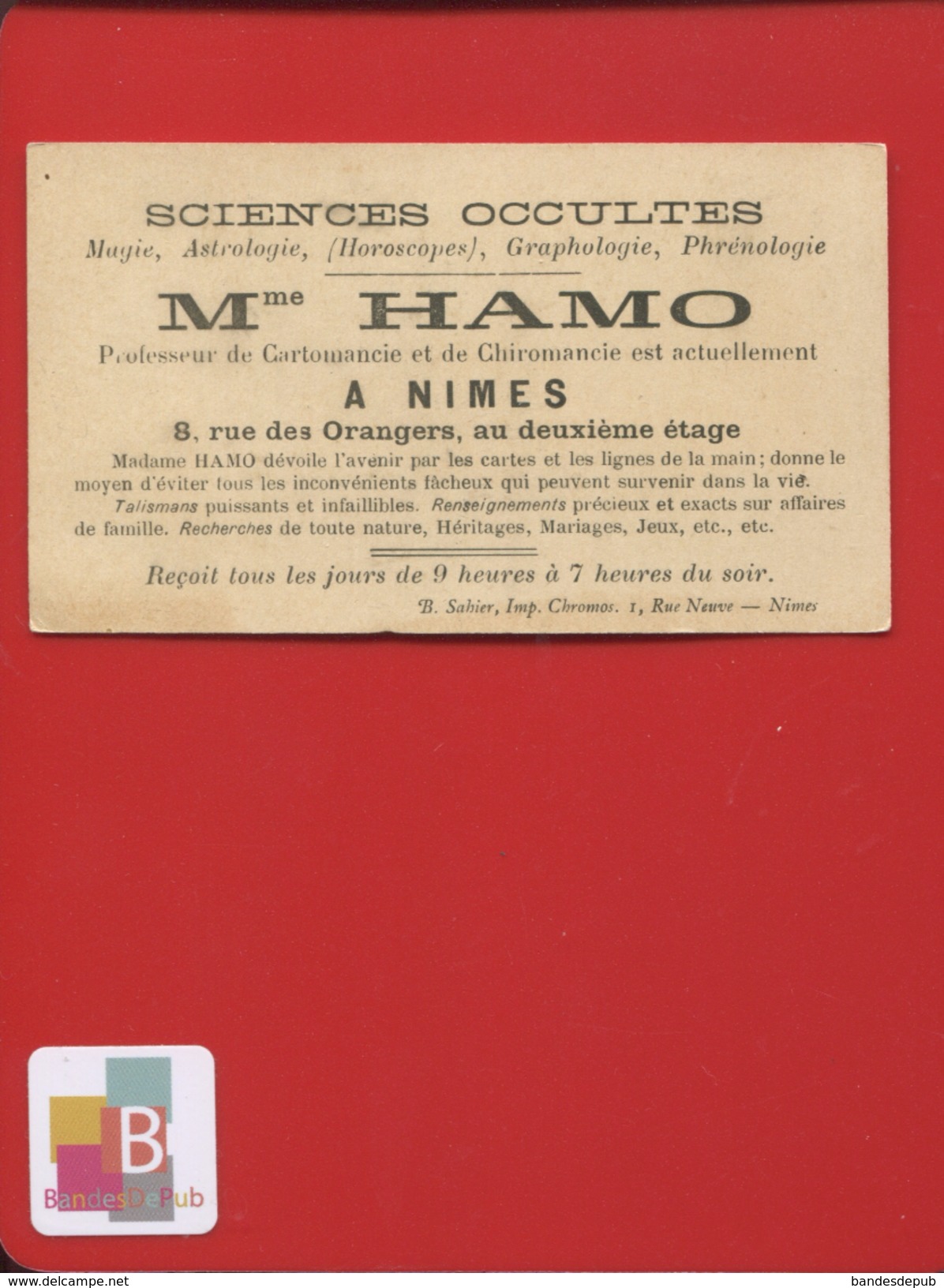 NIMES MME HAMO SCIENCES OCCULTES MAGIE ASTROLOGIE CARTOMANCIE  HOROSCOPES  CHROMO BATEAU VAPEUR - Autres & Non Classés