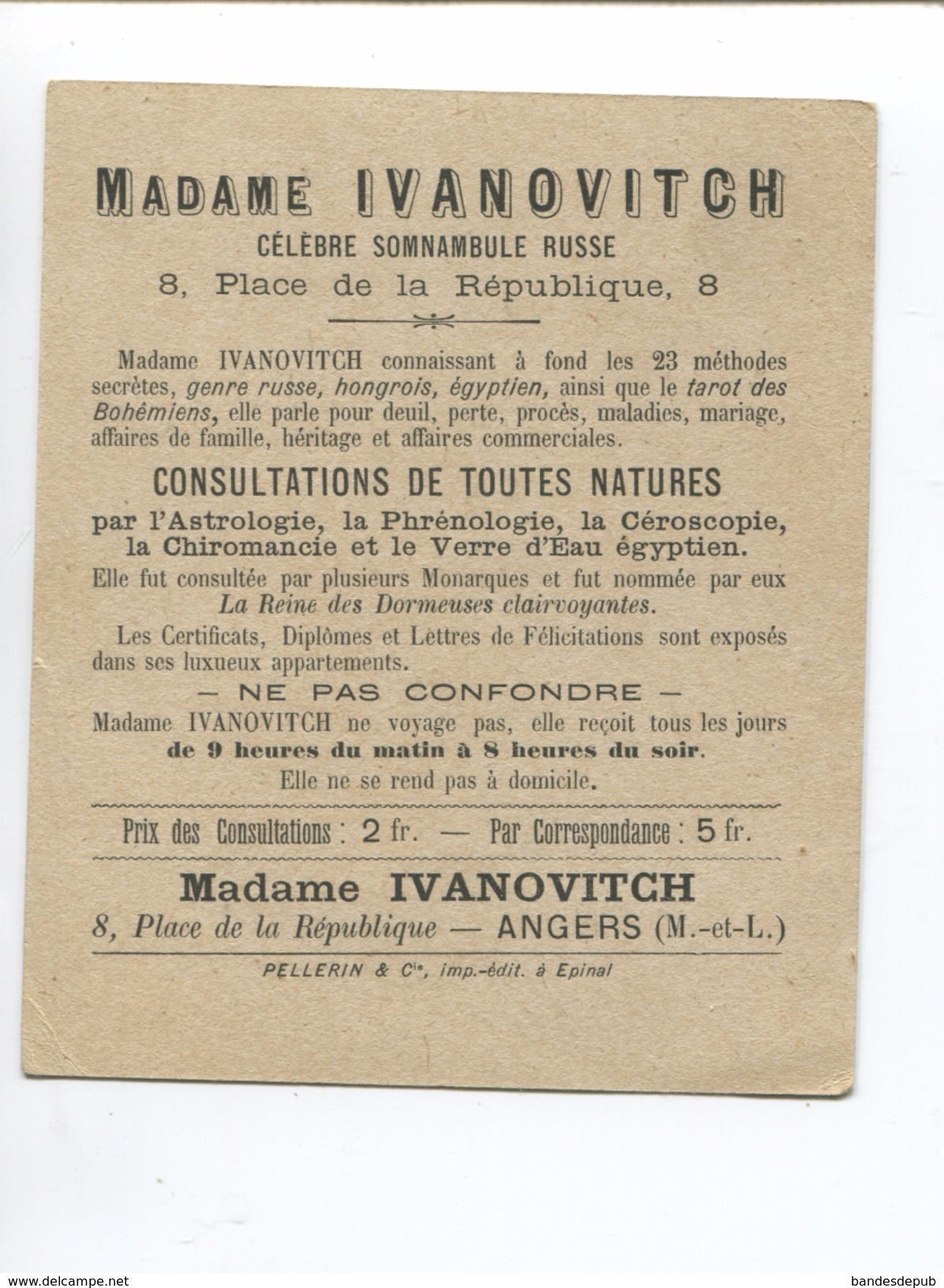 ANGERS MADAME IVANOVITCH SOMNAMBULE RUSSE  TAROT BOHEMIEN VERRE EGYPTIEN  CHROMO DEVINETTE PELLERIN EPINAL - Autres & Non Classés