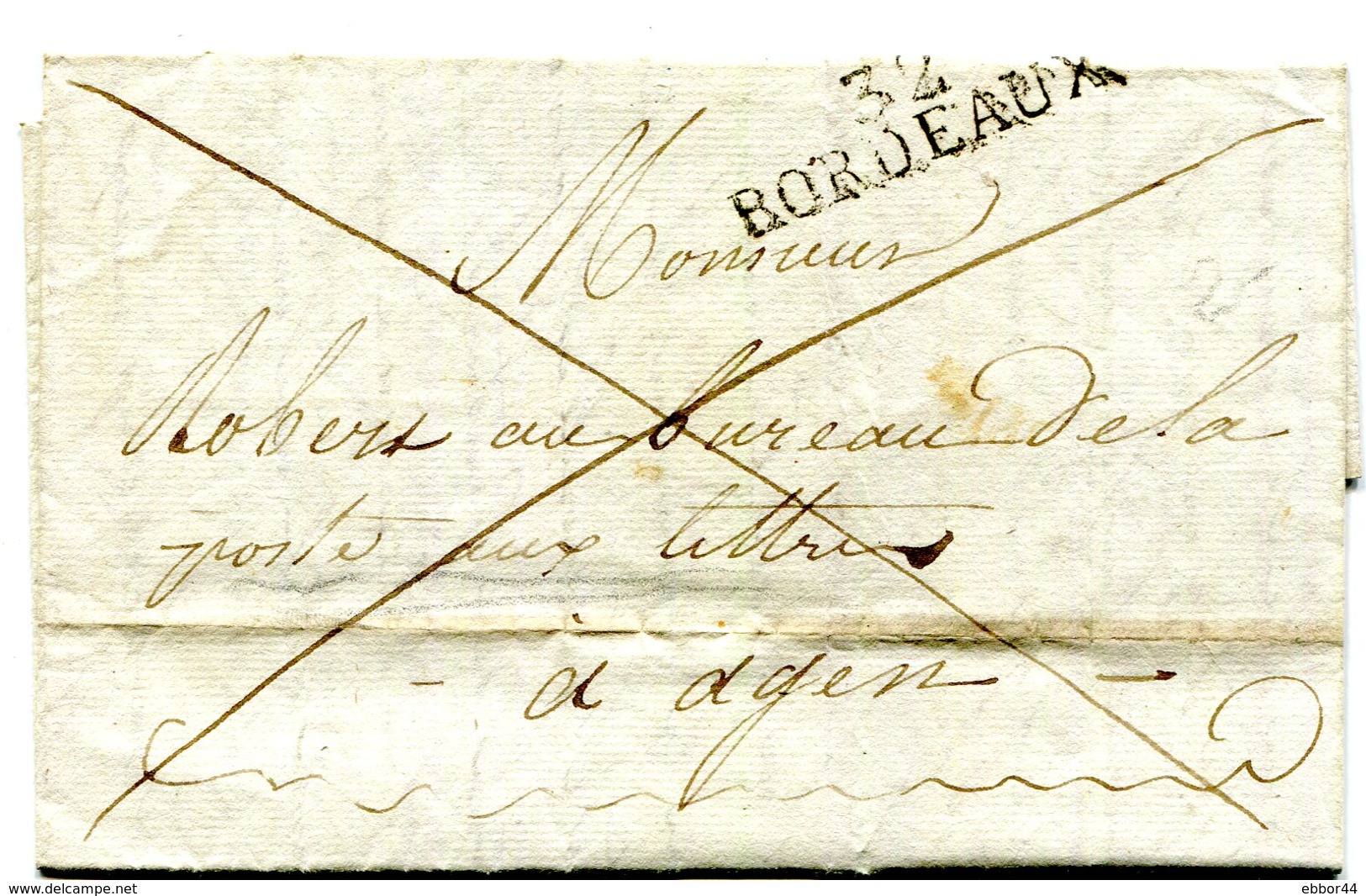 Griffe Linéaire 32 Bordeaux (Tapie N° 39).du 6/4/1814 Sur Lettre Entière En Franchise Frauduleuse Pour Agen - 1801-1848: Précurseurs XIX