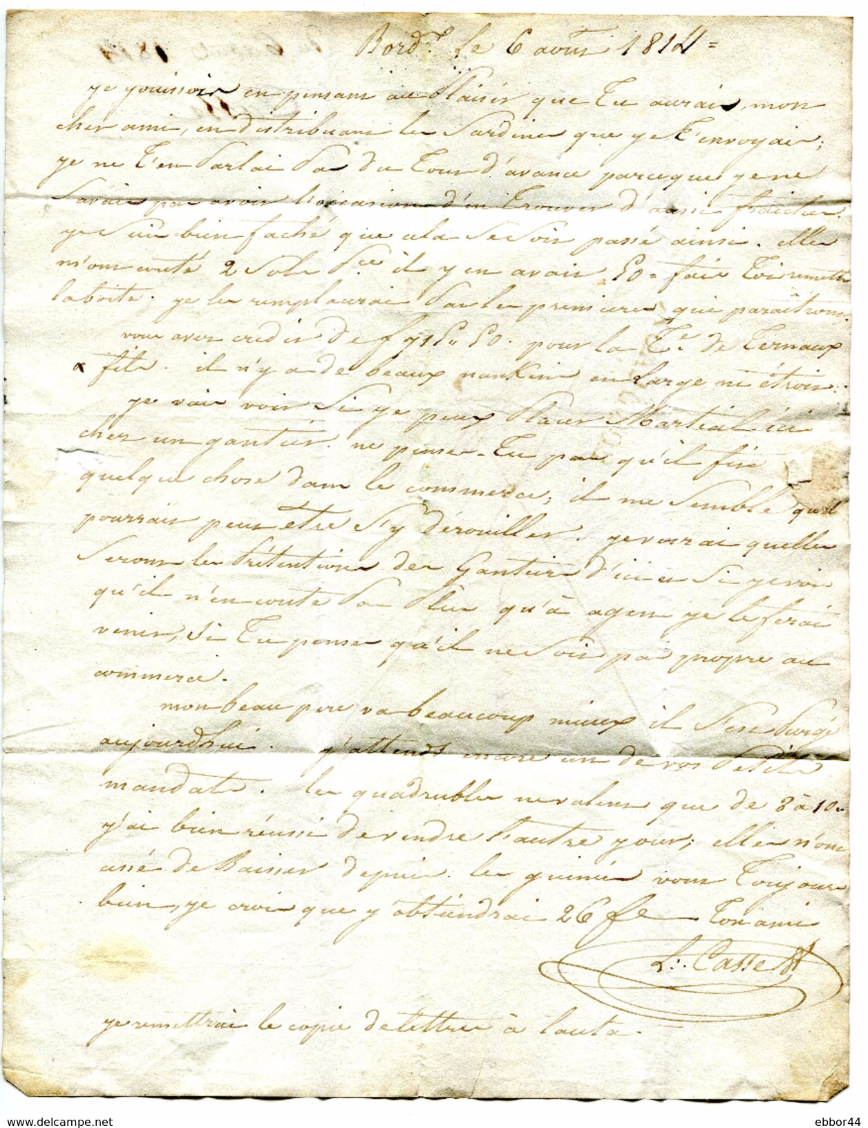 Griffe Linéaire 32 Bordeaux (Tapie N° 39).du 6/4/1814 Sur Lettre Entière En Franchise Frauduleuse Pour Agen - 1801-1848: Précurseurs XIX