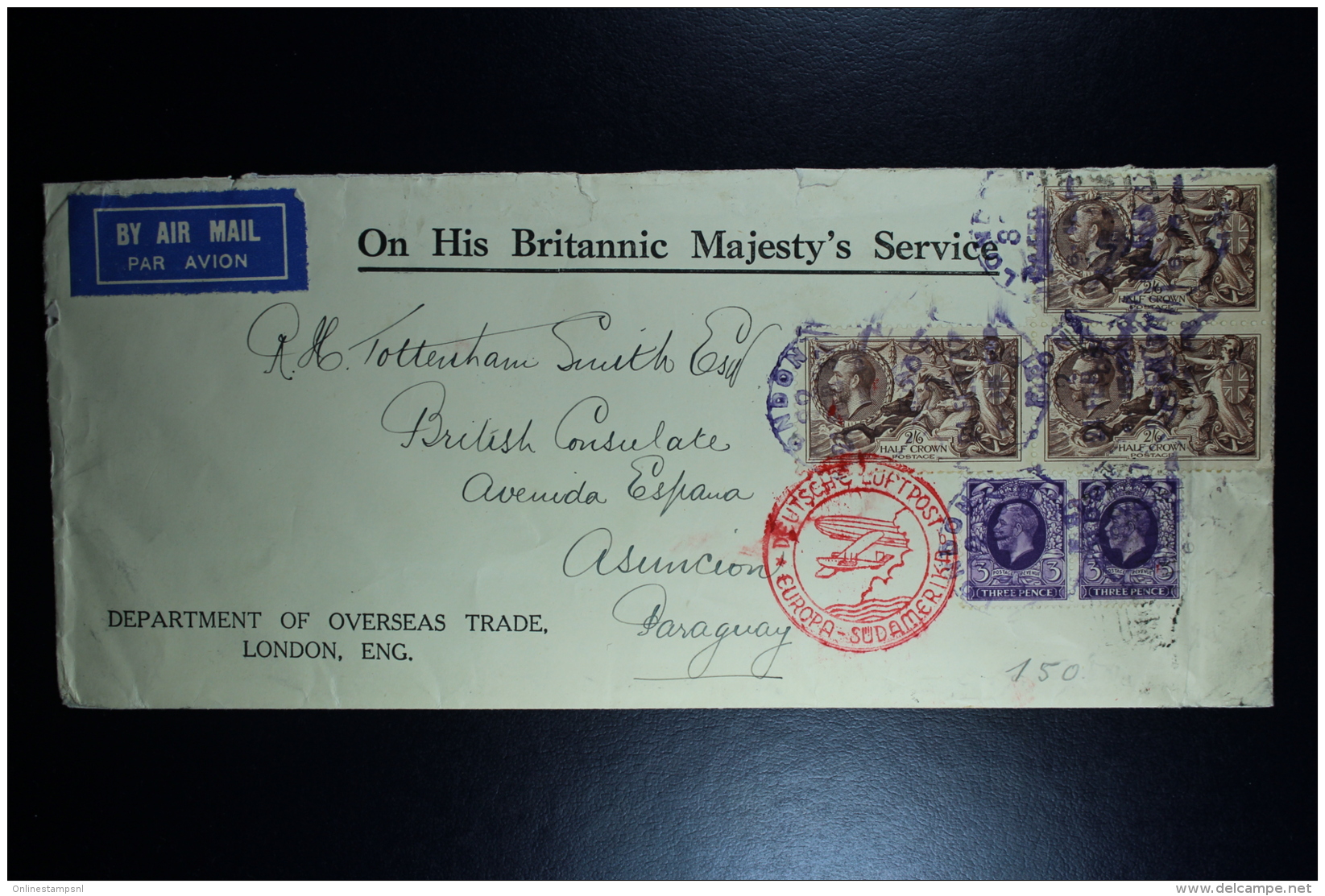 GB Airmail Cover 1937 On His Britannic Majesty's Service London-&gt; Paraquay 3-strip Sea Horses Lufthansa  RR - Brieven En Documenten