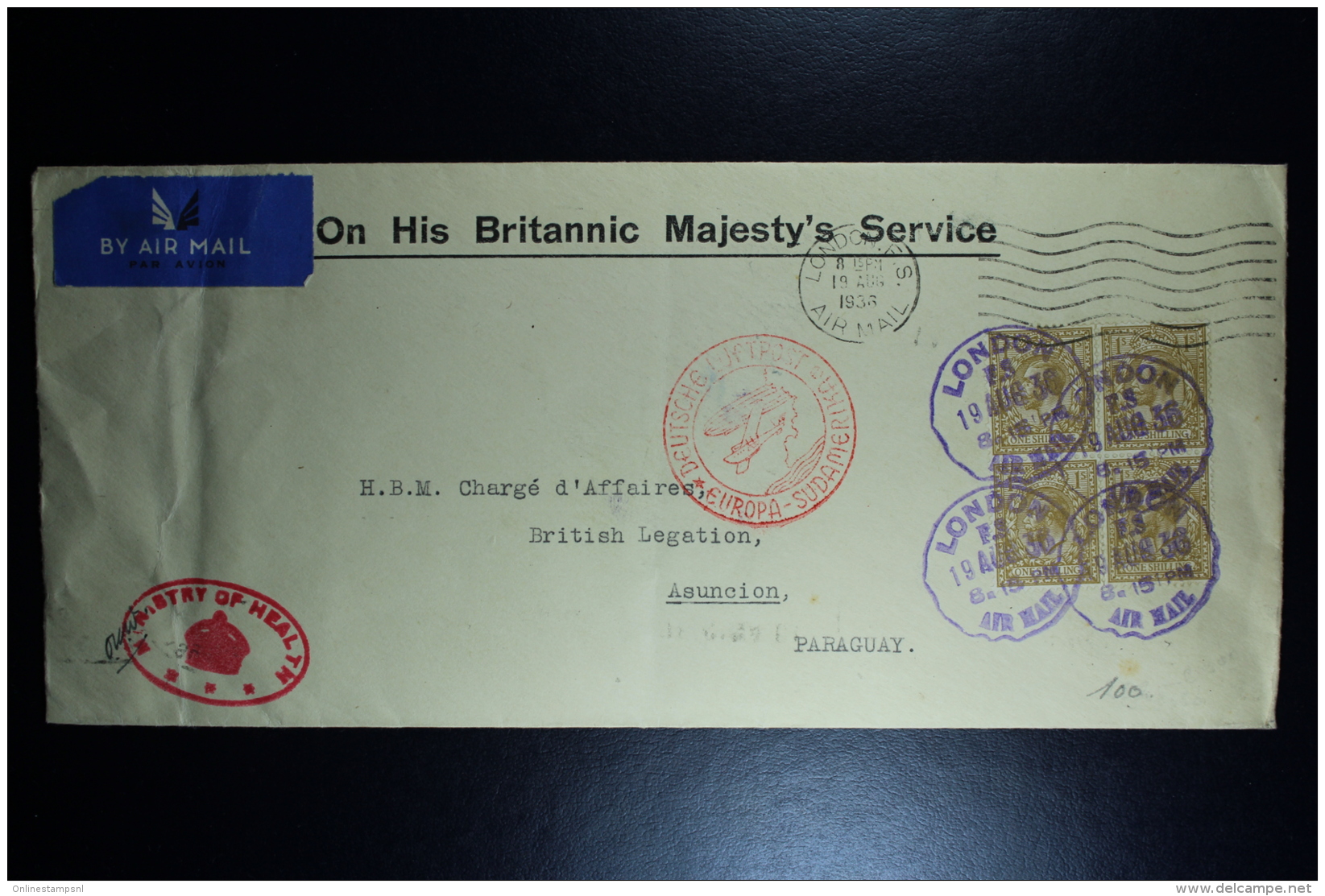 GB Airmail Cover 1936 On His Britannic Majesty's Service London-&gt; Paraquay  SG 395 4-block Lufthansa - Cartas & Documentos