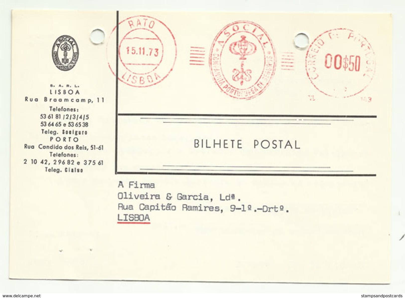 Portugal EMA Cachet Rouge A Social Compagnie D´assurance 1973 Insurance Company Franking Meter - Machines à Affranchir (EMA)