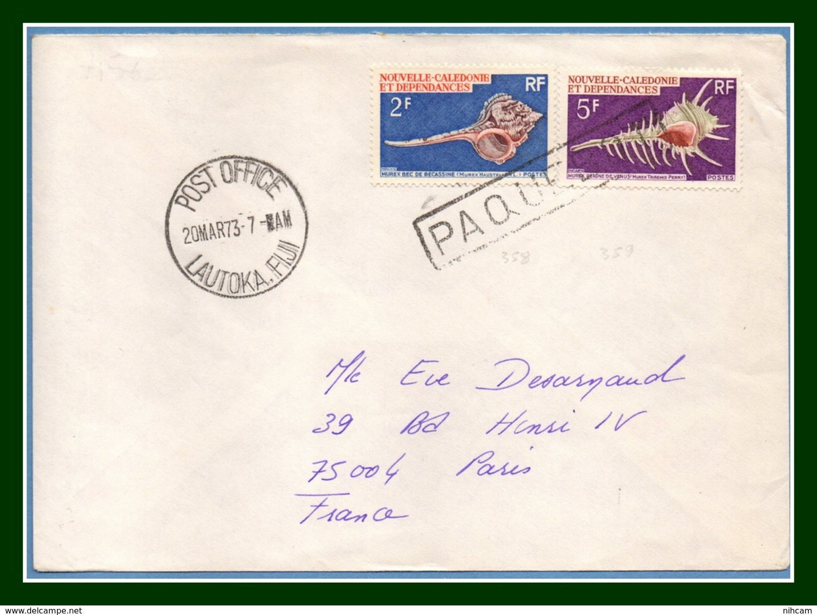 Nouvelle Calédonie N° 358 + 359 Obl Paquebot Lautoka Fidji 1973 > France - Briefe U. Dokumente