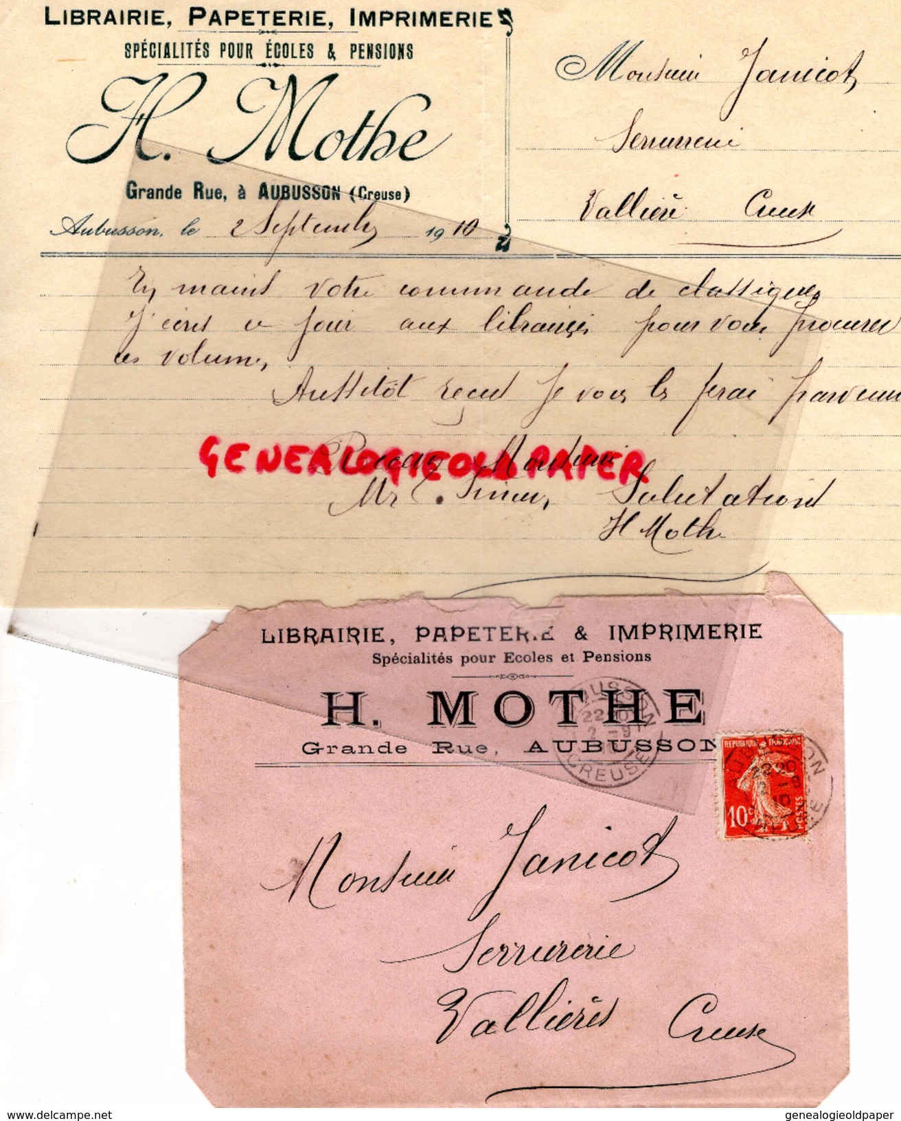 23 AUBUSSON - ENVELOPPE + LETTRE MAUSCRITE H. MOTHE -PAPETERIE-IMPRIMERIE-CARTES POSTALES- 1910 A M. JANICOT VALLIERES - Druck & Papierwaren