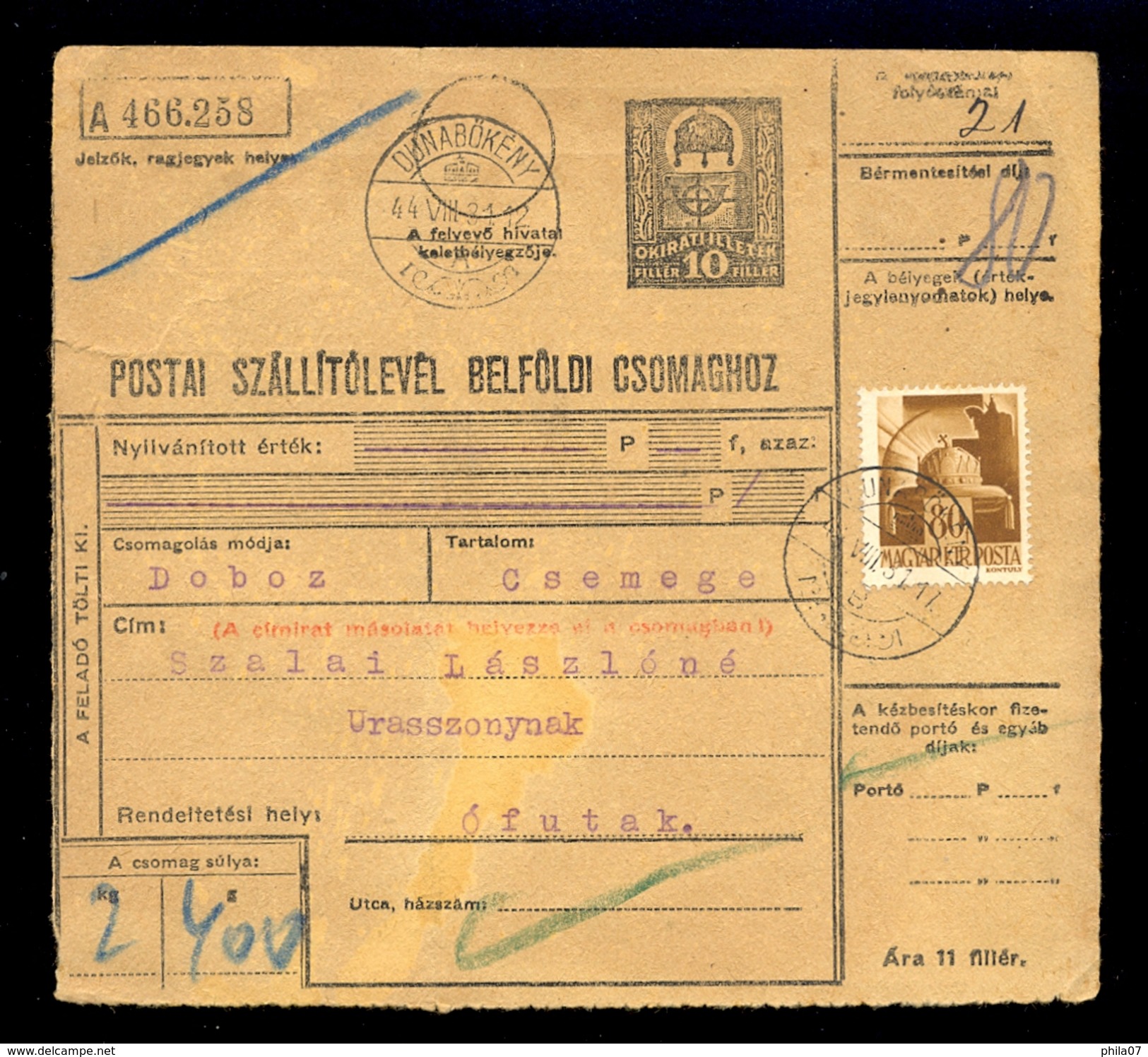 Hungary - Parcel Card Sent From Dunabokeny To Ofutak 1944. / 2 Scans - Paketmarken