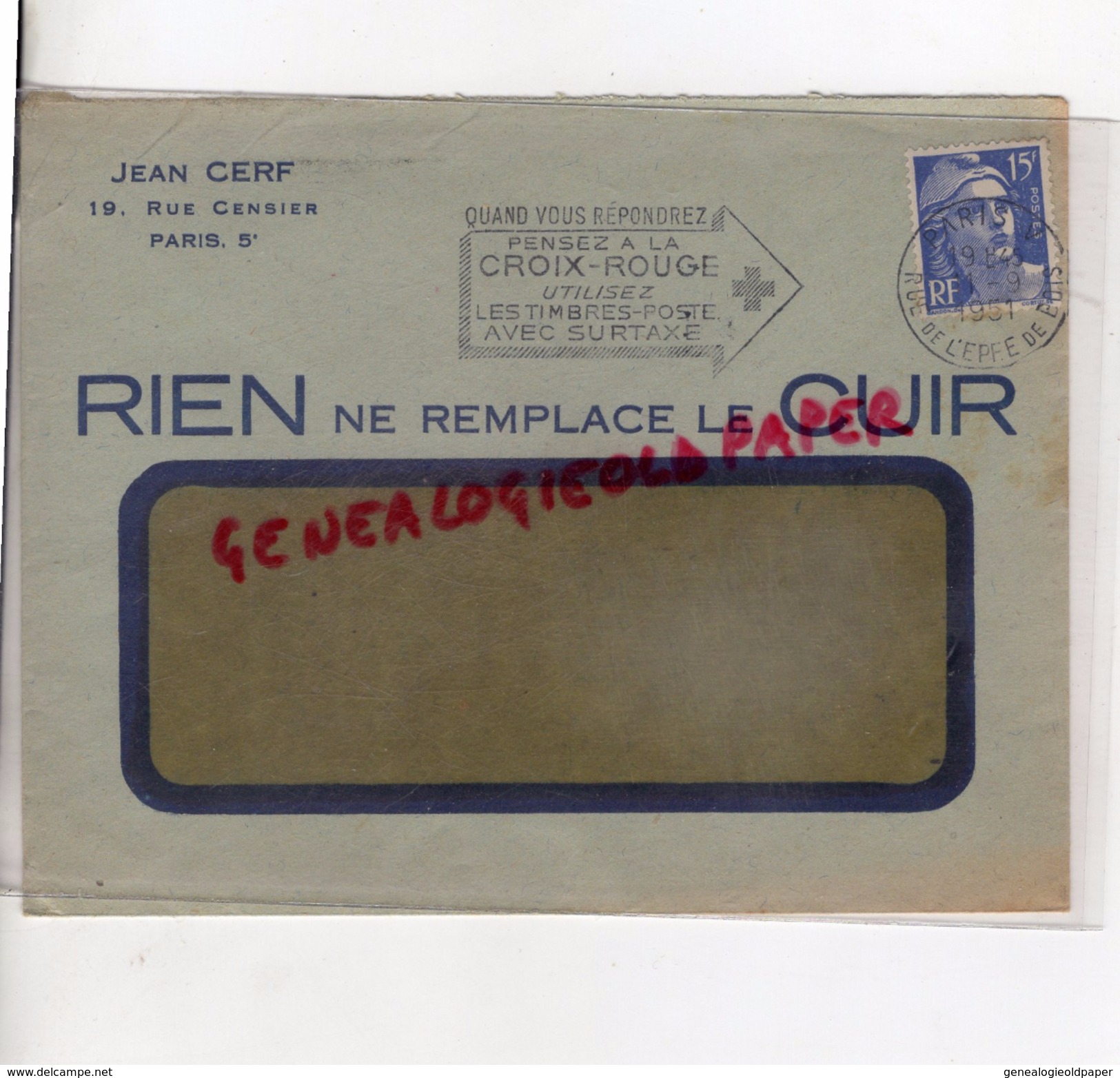 75 - PARIS - ENVELOPPE JEAN CERF- RIEN NE REMPLACE LE CUIR- 1951  FLAMME CROIX ROUGE - 1950 - ...