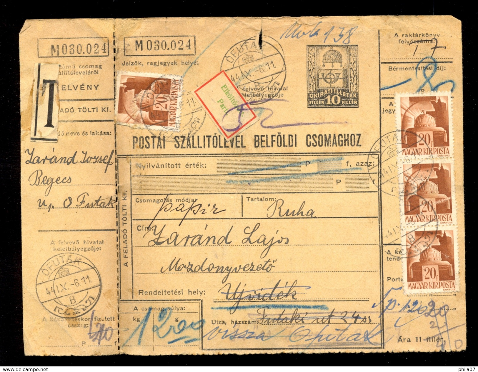 Hungary - Parcel Card Sent To Ujvidek 1944, Readdressed To Ofutak, Need To See / 2 Scans - Pacchi Postali