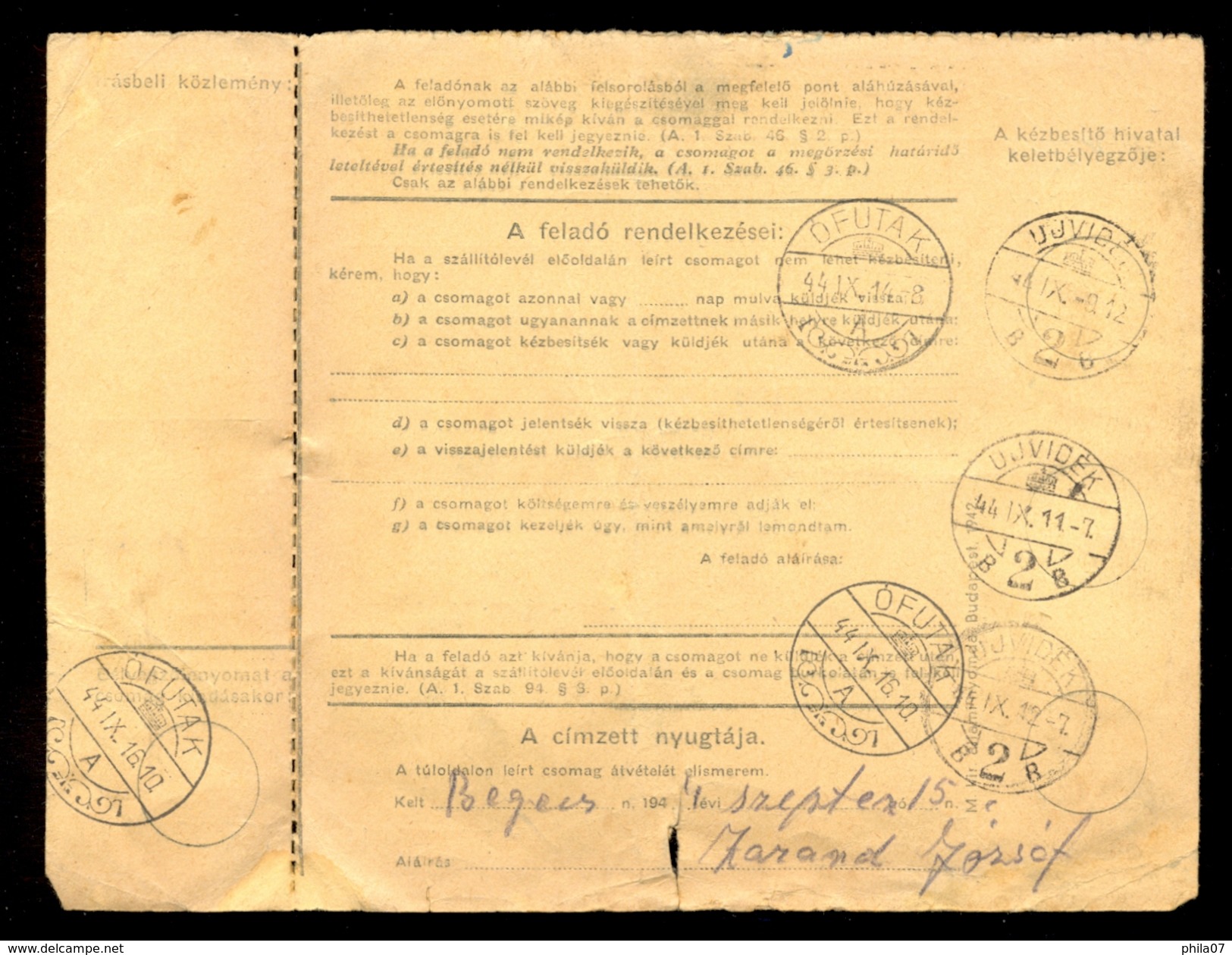 Hungary - Parcel Card Sent To Ujvidek 1944, Readdressed To Ofutak, Need To See / 2 Scans - Pacchi Postali