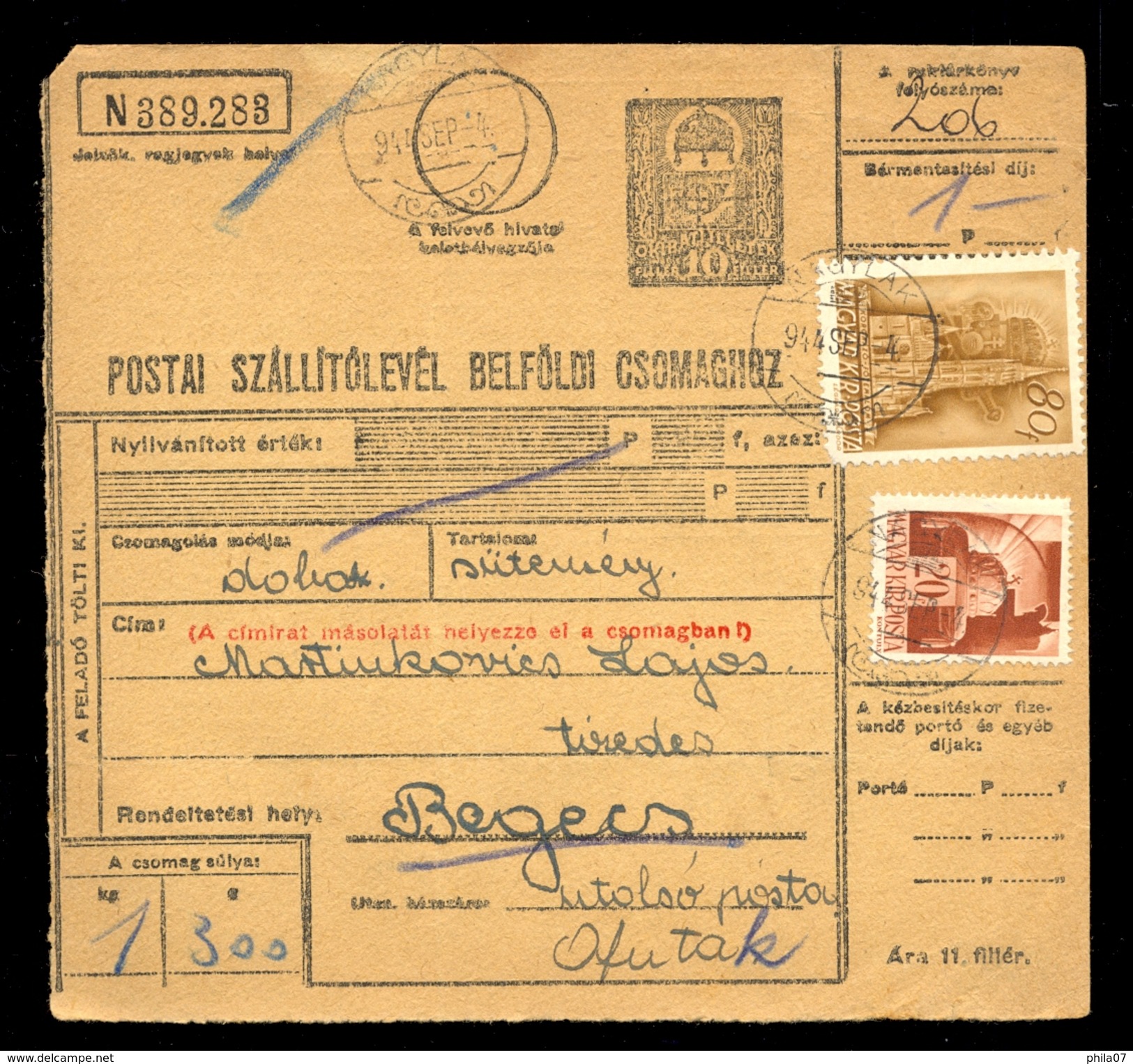 Hungary - Parcel Card Sent From Nagylak To Begecs (Ofutak) 1944 / 2 Scans - Parcel Post