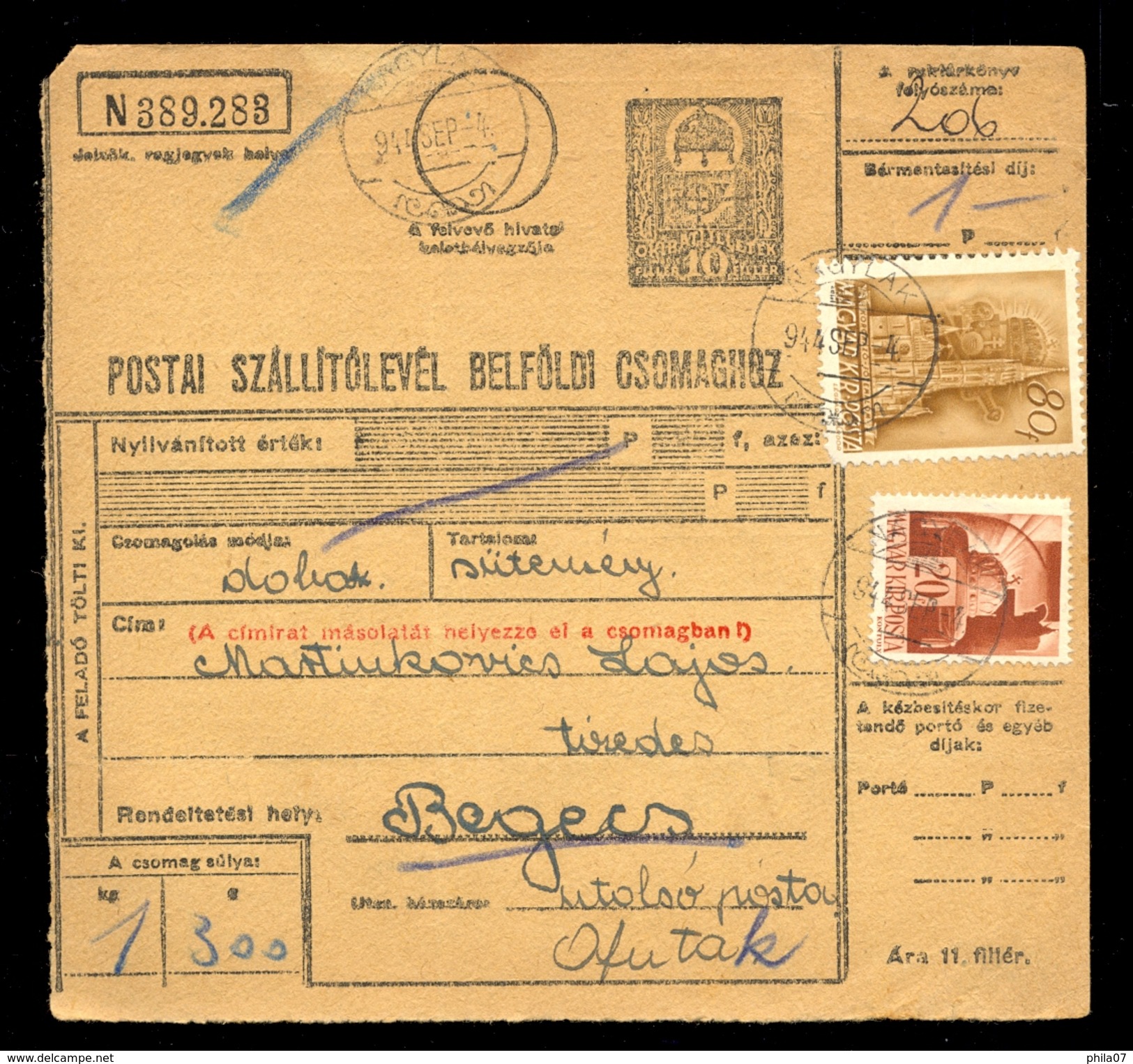 Hungary - Parcel Card Sent From Nagylak To Begecs (Ofutak) 1944 / 2 Scans - Paketmarken