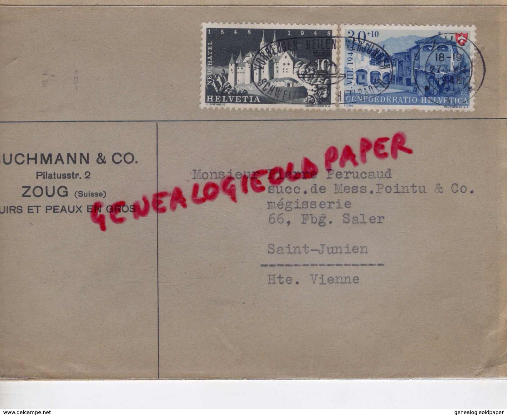 SUISSE-LETTRE BUCHMANN - PILATUSSTRASSE 2- ZUG- PIERRE POINTU E PIERRE PERUCAUD  MEGISSERIE SAINT JUNIEN- GANTERIE- 1969 - Zwitserland