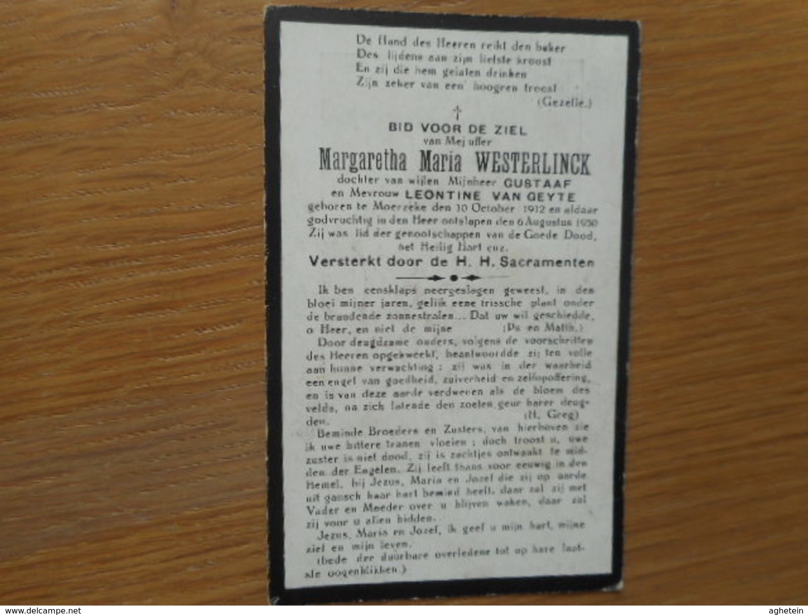 D.P.-MARGARETHA M  WESTERLINCK°MOERZEKE 10-10-1912+6-8-1930 - Religion & Esotericism