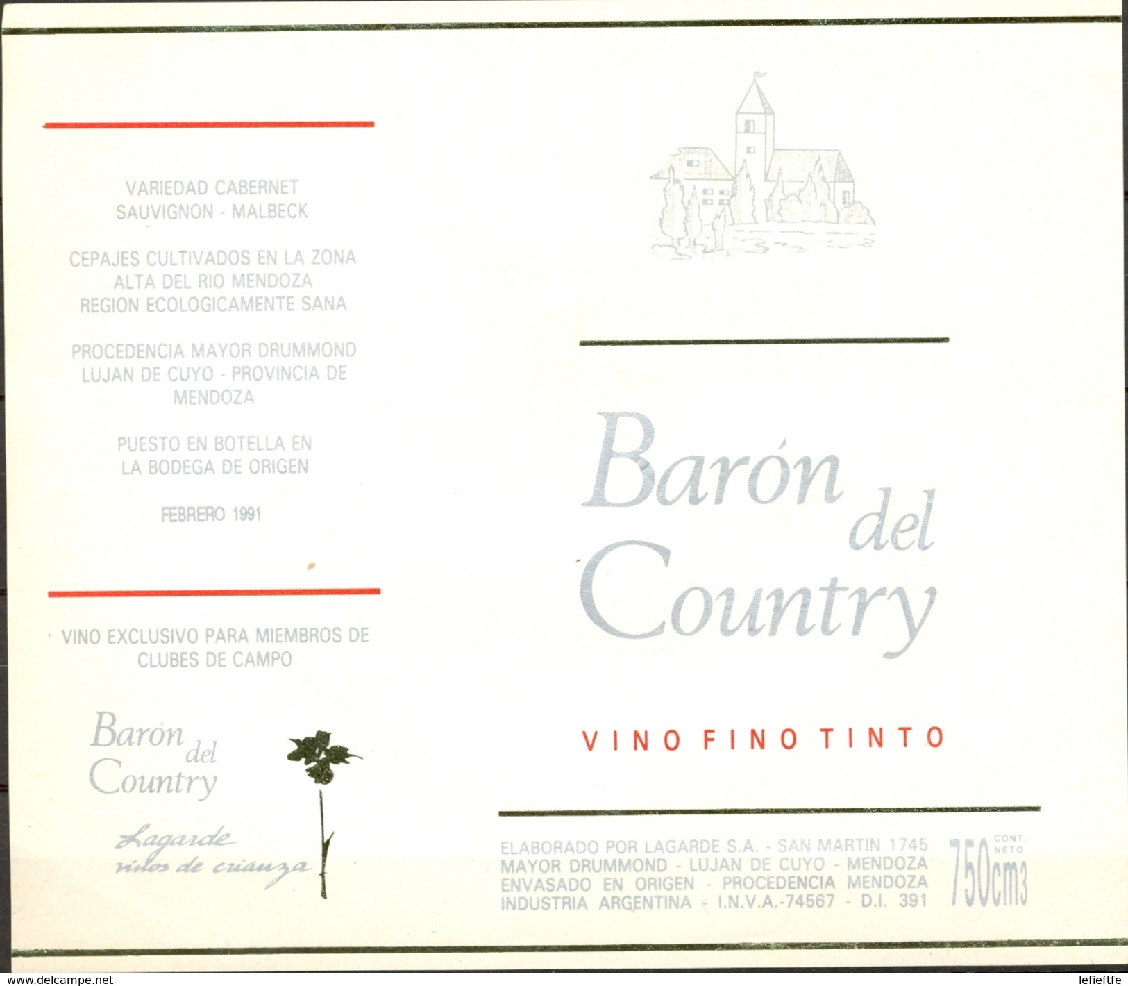 983 - Argentine - 1991 - Baron Del Country - Vino Fino Tinto - Cabernet Sauvignon - Lagarde S.A. Mendoza - Vino Tinto