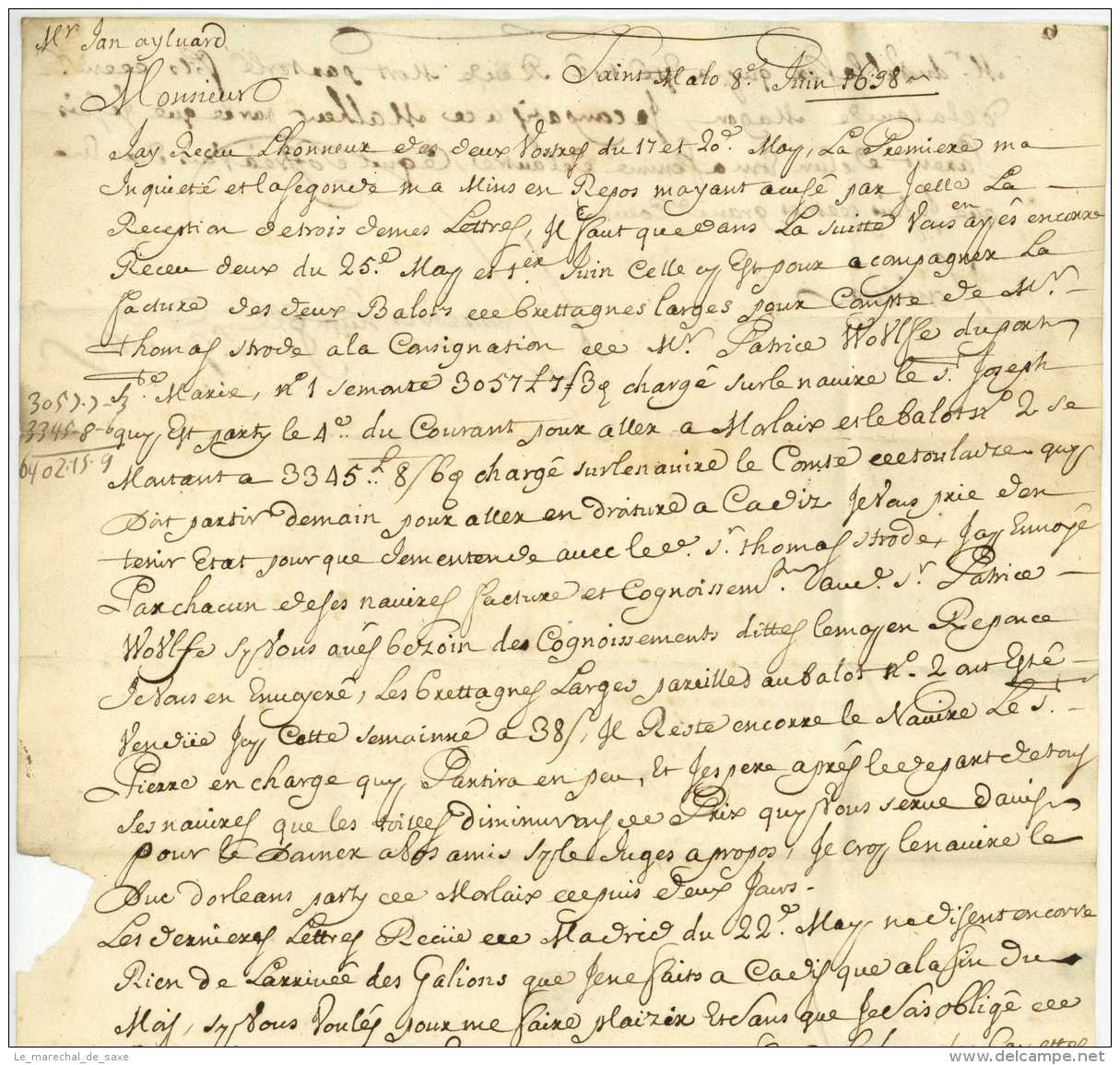 1698 SAINT-MALO Pour LONDRES London Gaubert Aylward Galions Cadiz Morlaix Madrid De La Lande - ....-1700: Précurseurs