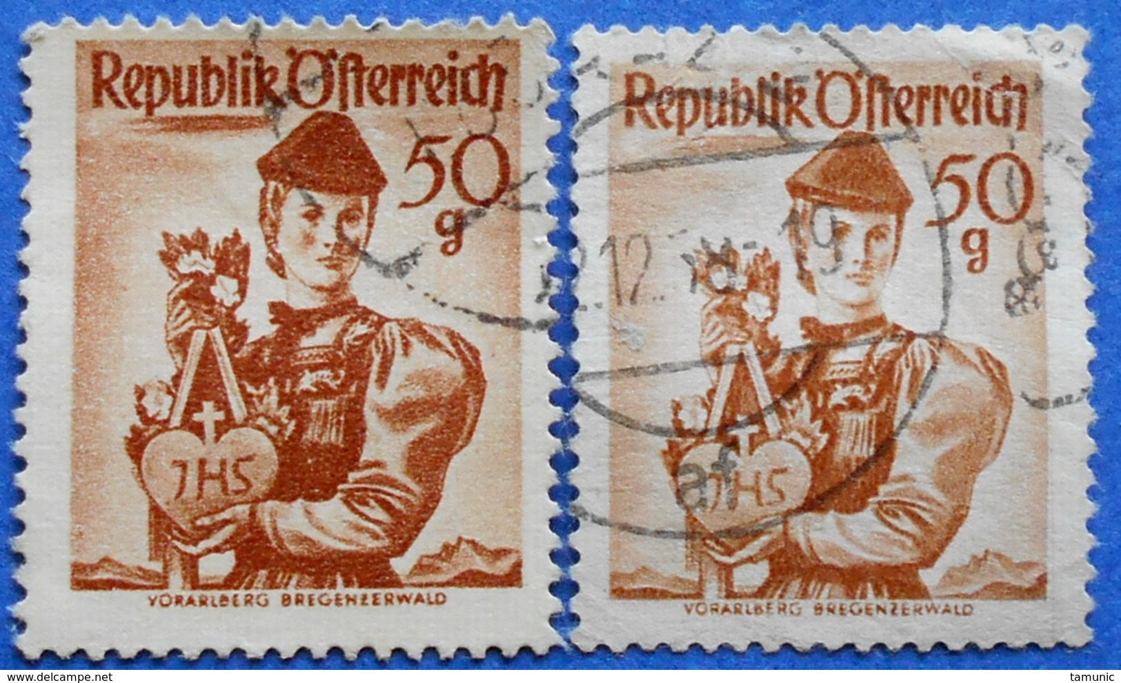 AUSTRIA 2 X 50 Gr. 1949 Mic.904 NATIONAL COSTUMES VORARLBERG (DIFFERENT COLOURS) - USED - Oblitérés