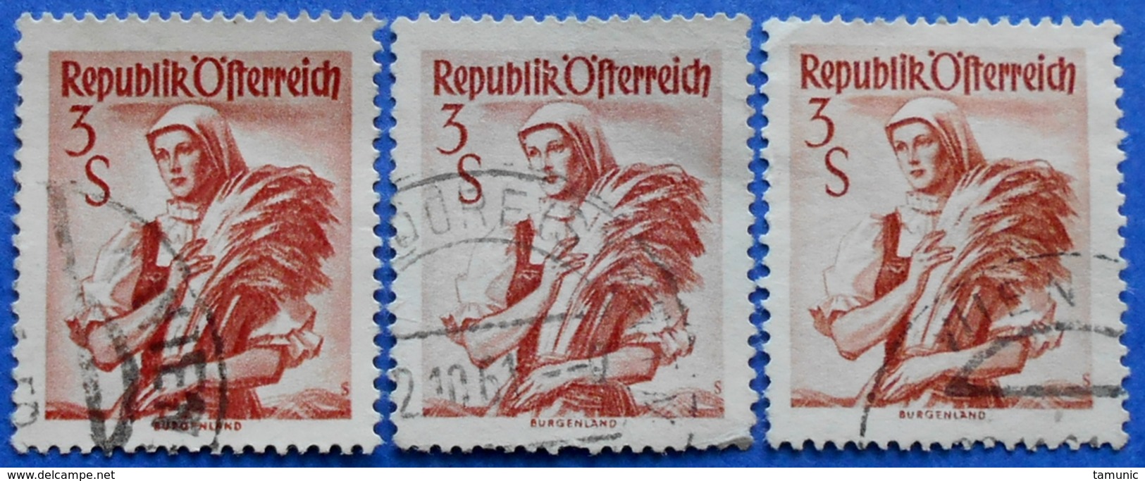 AUSTRIA 3 X 3 Sh. 1949 Mic.922 NATIONAL COSTUMES BURGENLAND (DIFFERENT COLOURS) - USED - Oblitérés