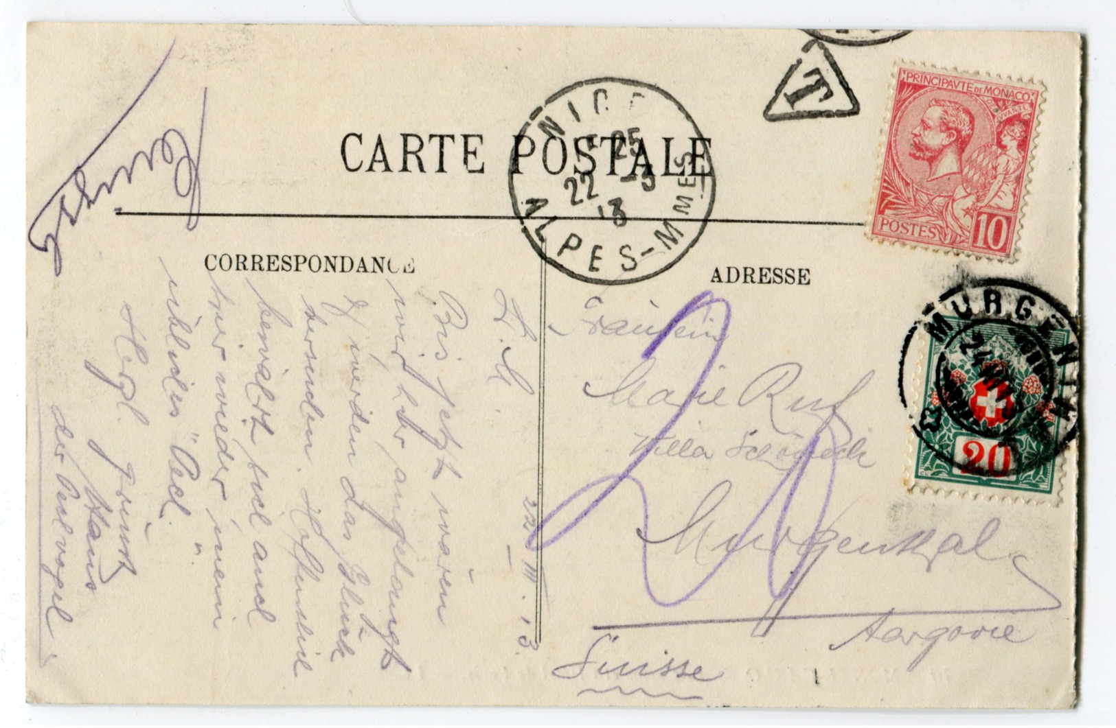 Schweiz Portomarke 20Rp Murgenthal AG 24.03.1913 Auf AK Aus Monaco - Portomarken