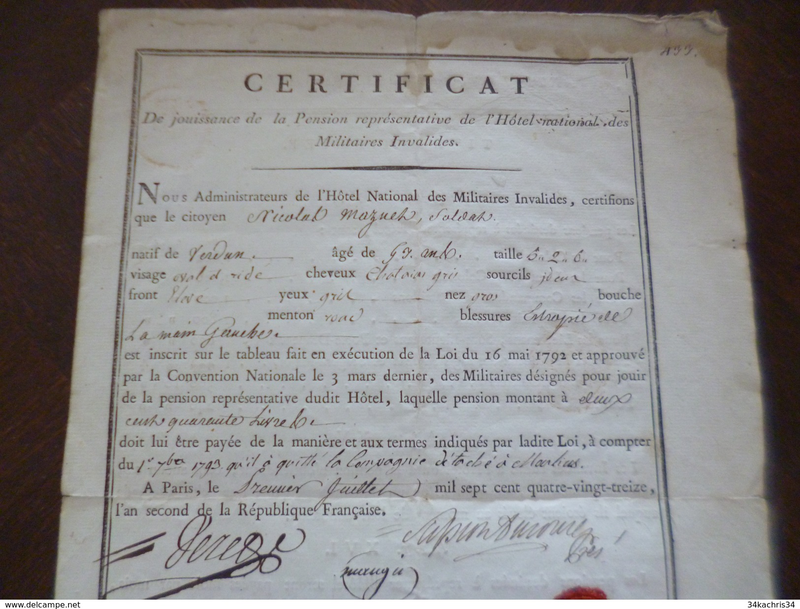 Révolution Certificat  Jouissance Pension Militaire Invalides 1793 Estropié Soldat Mazuel Mazuet Verdun Autographes A3 - Documents