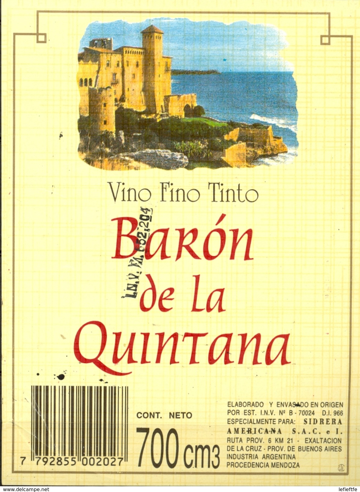 987- Argentine - Vino Fino Tinto - Baron De La Quintana - Industria Argentina Mendoza - Red Wines