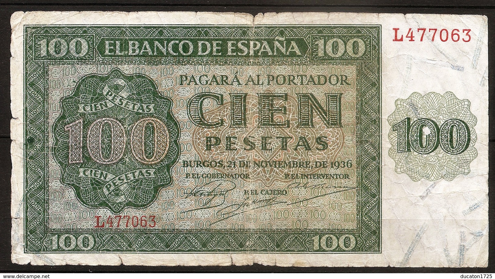 Billet 100 Pesetas 1936 BURGOS. Espagne/ España. Série L - 100 Peseten