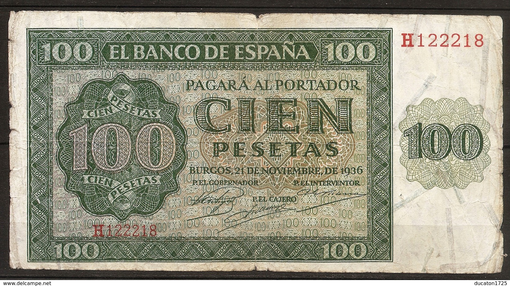 Billet 100 Pesetas 1936 BURGOS. Espagne/ España. Série H - 100 Peseten