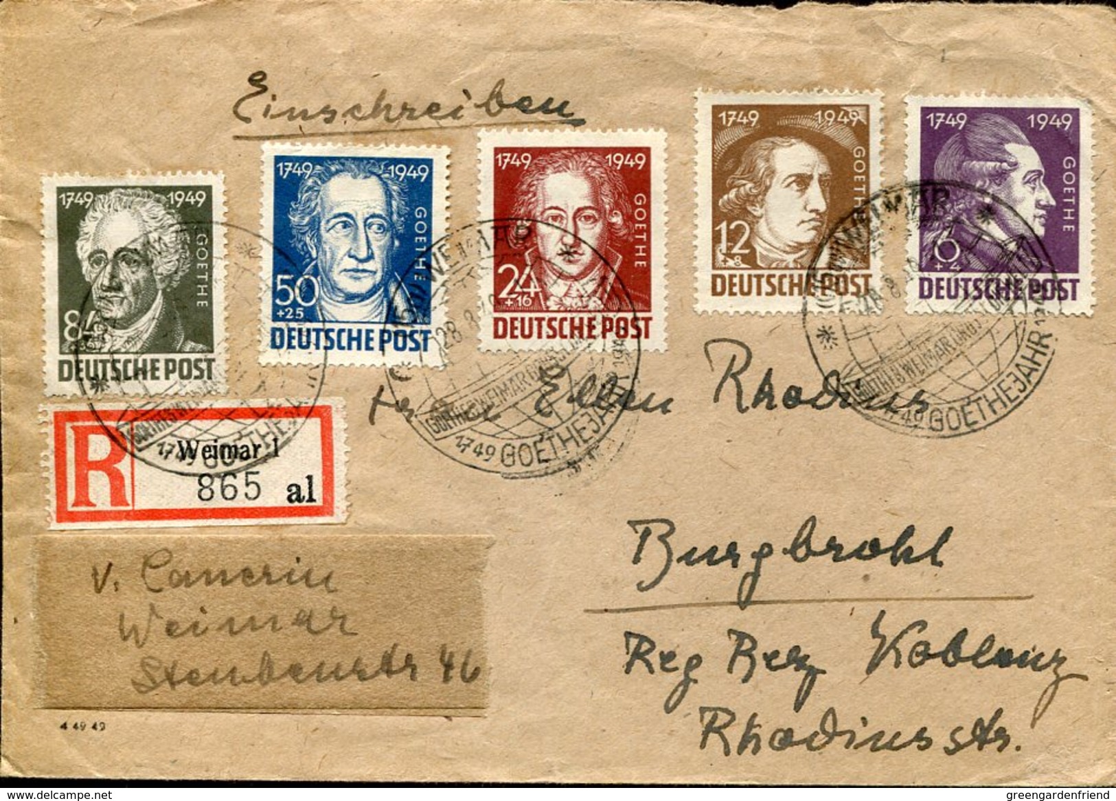 20094 Germany,circuled Registered Cover 1949 Weimar, Goethe Year, Annee Goethe - Writers