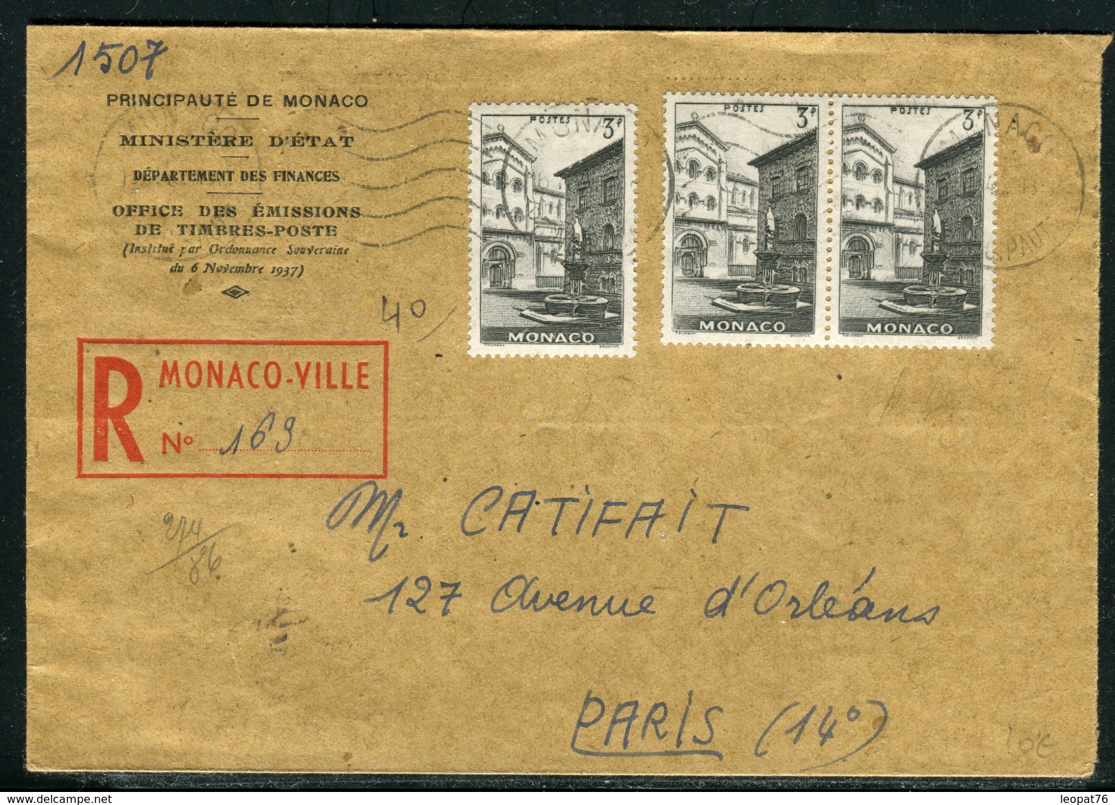 Monaco - Enveloppe En Recommandé Pour Paris Période 1945/50  Ref  M48 - Covers & Documents