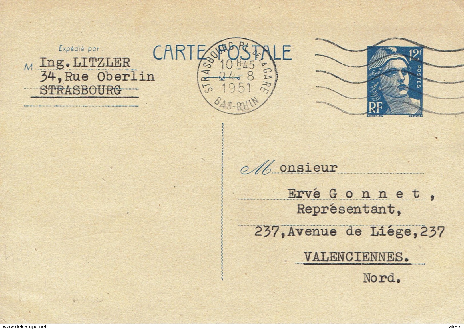 CARTE-POSTALE - ENTIER-POSTAL N° 812-CP2 - Strasbourg 24 Août 1951 Pour Valenciennes - Cartes Postales Types Et TSC (avant 1995)