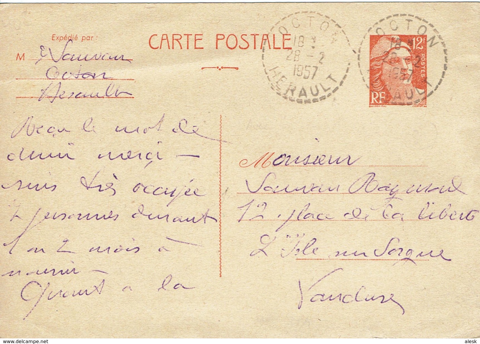 CARTE-POSTALE - ENTIER-POSTAL N° 885-CP1 - Octon 28 Février 1957 Pour L'Isle Sur La Sorgue - Cachet Perlé - Cartes Postales Types Et TSC (avant 1995)