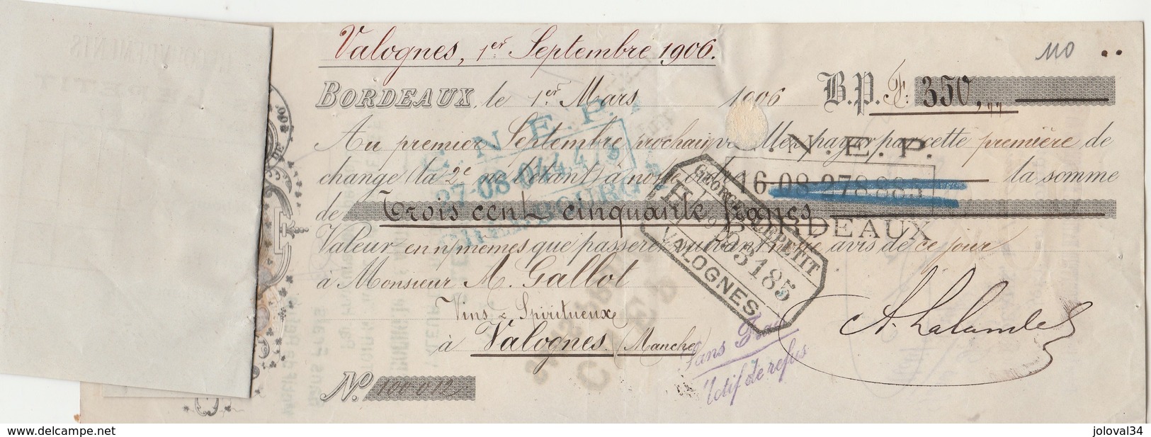 Lettre Change 1/3/1906 LALANDE Vins BORDEAUX Gironde Avec étiquette Georges LEPETIT Valognes Manche - Gallot - Bills Of Exchange
