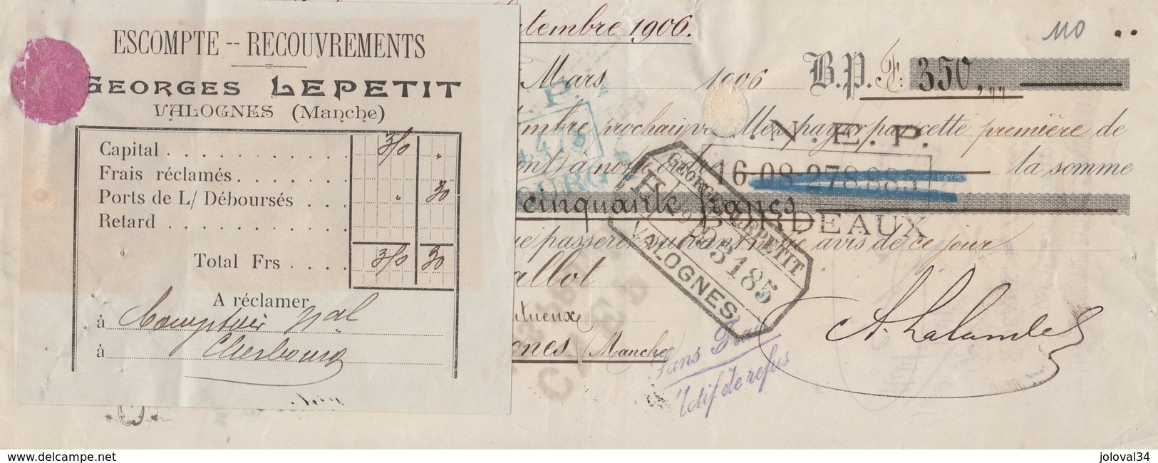 Lettre Change 1/3/1906 LALANDE Vins BORDEAUX Gironde Avec étiquette Georges LEPETIT Valognes Manche - Gallot - Bills Of Exchange