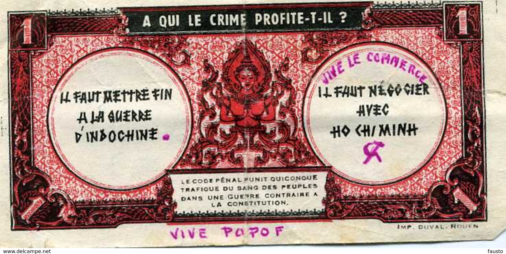 Faux Billet De Propagande Banque De L'indochine Une Piastre - Indochine