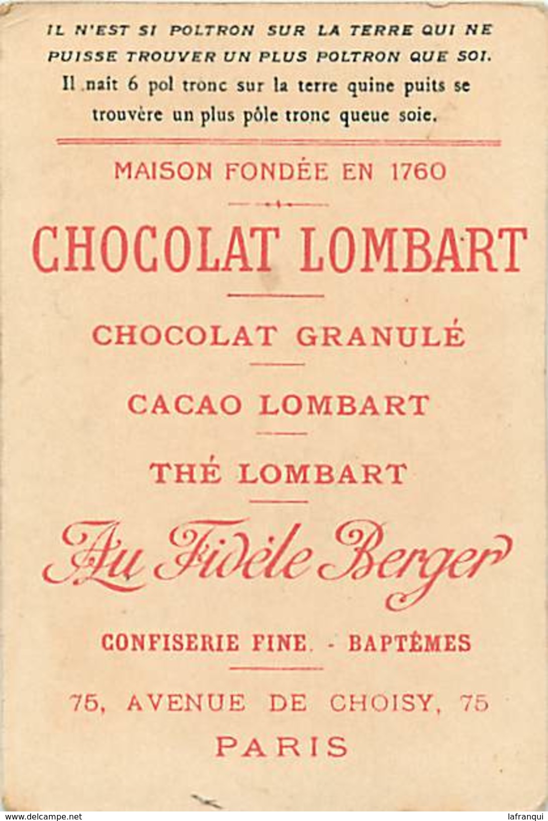 Ref A625- Chromo -10,5cms X 7cms -chocolat Lombart - Rebus -devinette - - Lombart