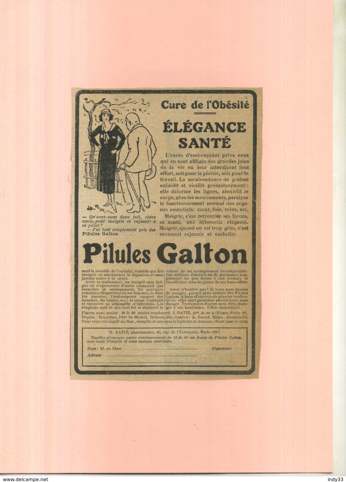 PILULES GALTON . PUB  DES ANNEES 1920 DECOUPEE ET COLLEE SUR PAPIER . - Publicidad