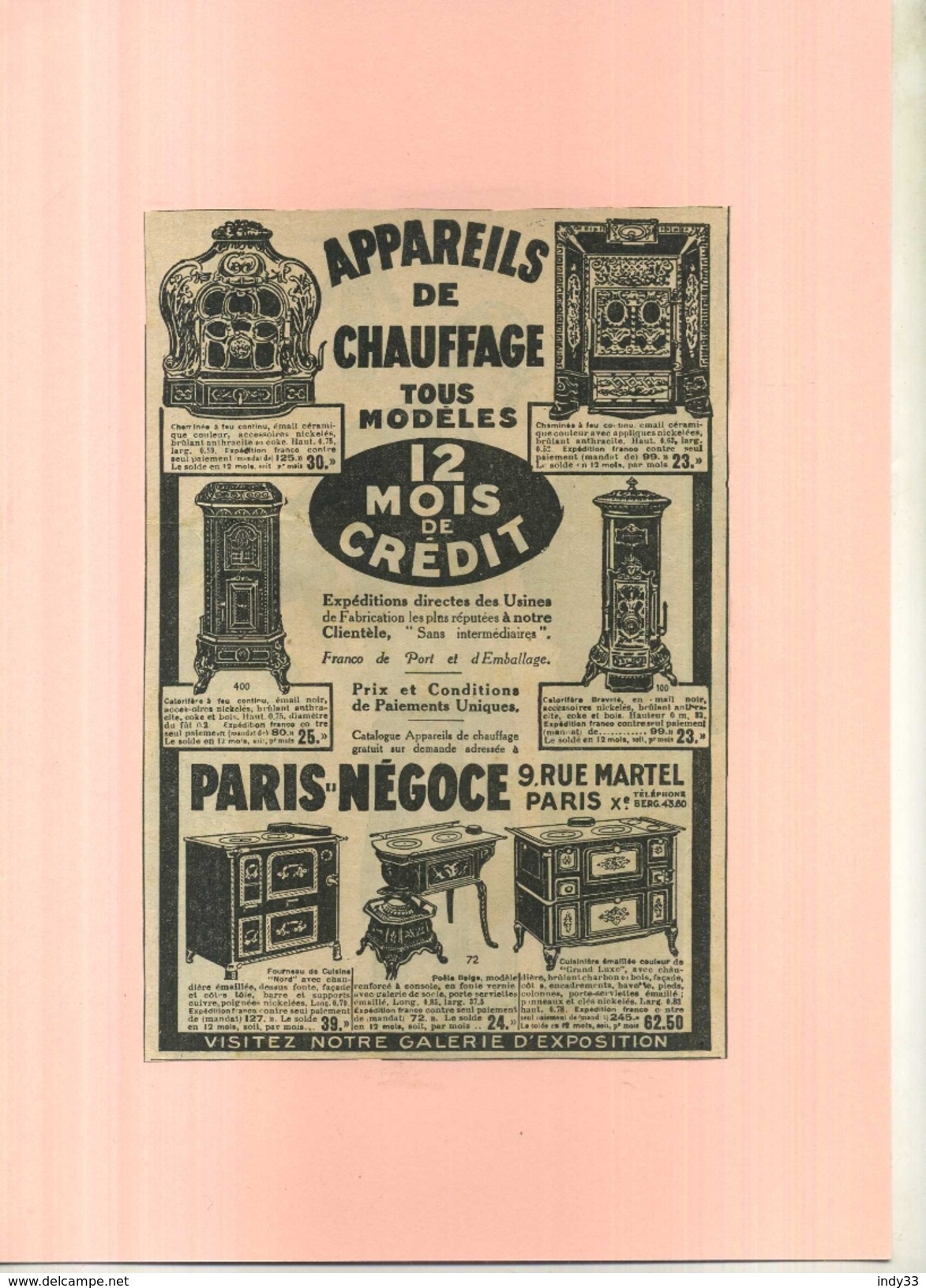 FRANCE 75 . PARIS NEGOCE . APPAREILS DE CHAUFFAGE   . PUB  DES ANNEES 1920 DECOUPEE ET COLLEE SUR PAPIER . - Other Apparatus