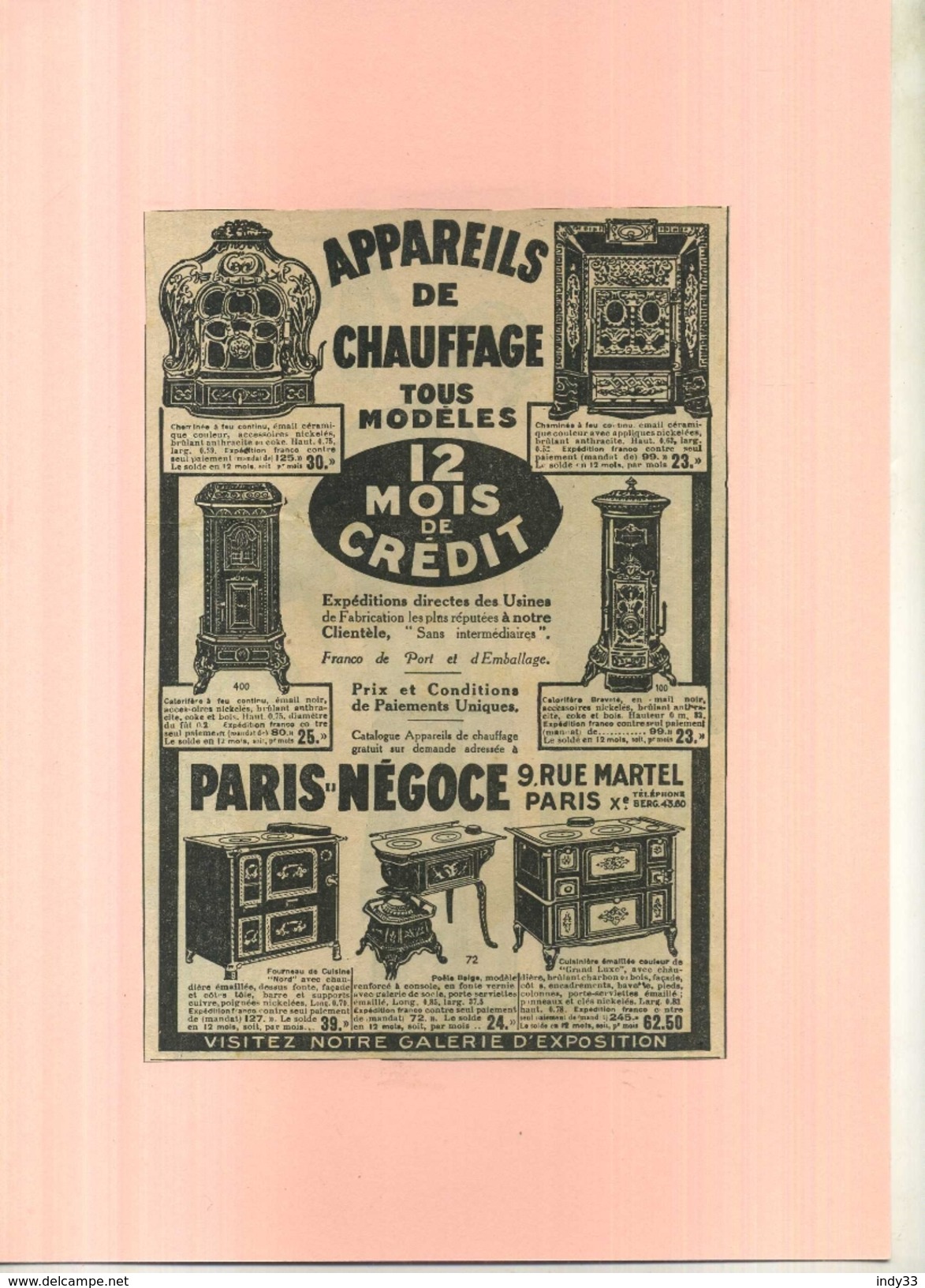 FRANCE 75 . PARIS NEGOCE . APPAREILS DE CHAUFFAGE   . PUB  DES ANNEES 1920 DECOUPEE ET COLLEE SUR PAPIER . - Andere Geräte